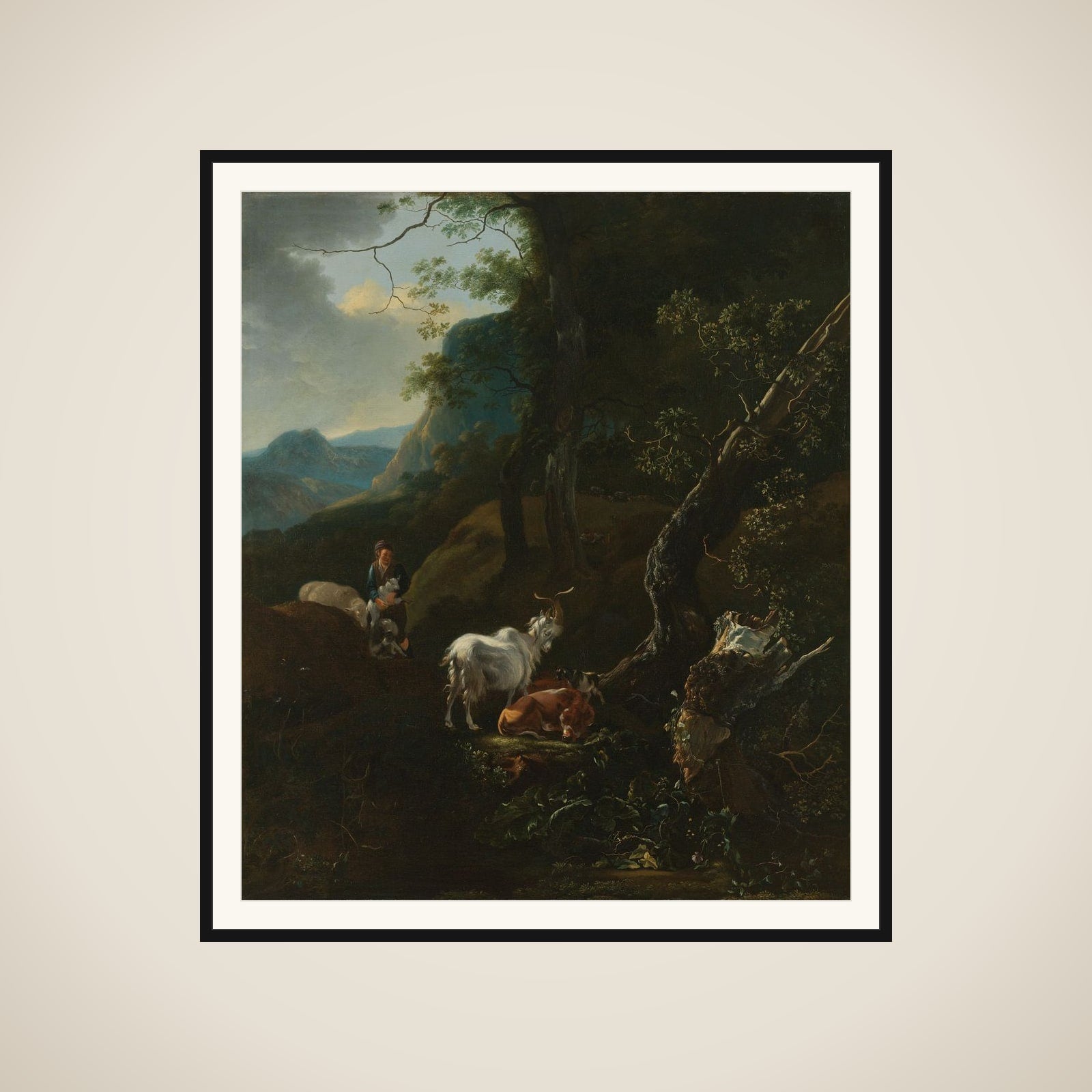 A Sherpherdess with Animals in a Mountainous Landscape framed
