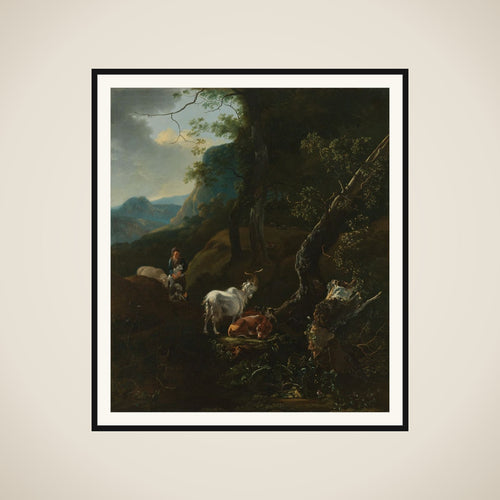 A Sherpherdess with Animals in a Mountainous Landscape framed