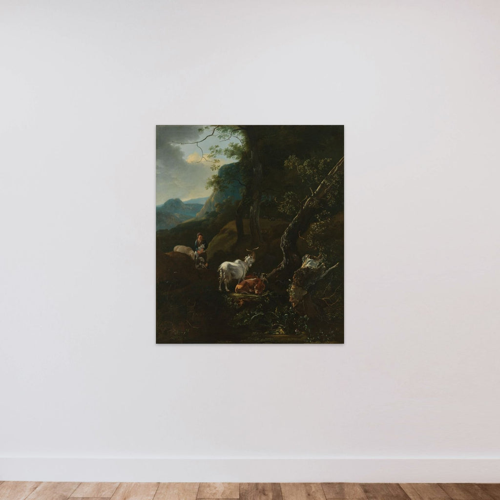 A Sherpherdess with Animals in a Mountainous Landscape unframed — shown to scale