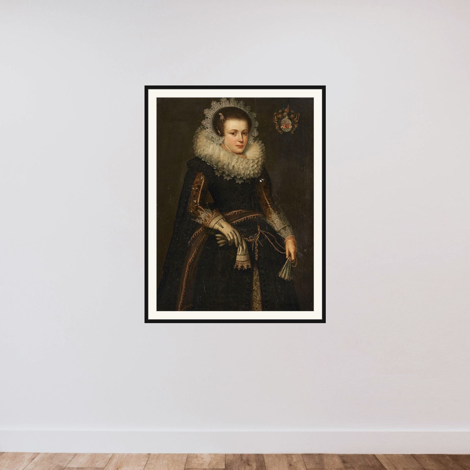 Portrait of Mertijntje van Ceters (1609-24) framed — shown to scale
