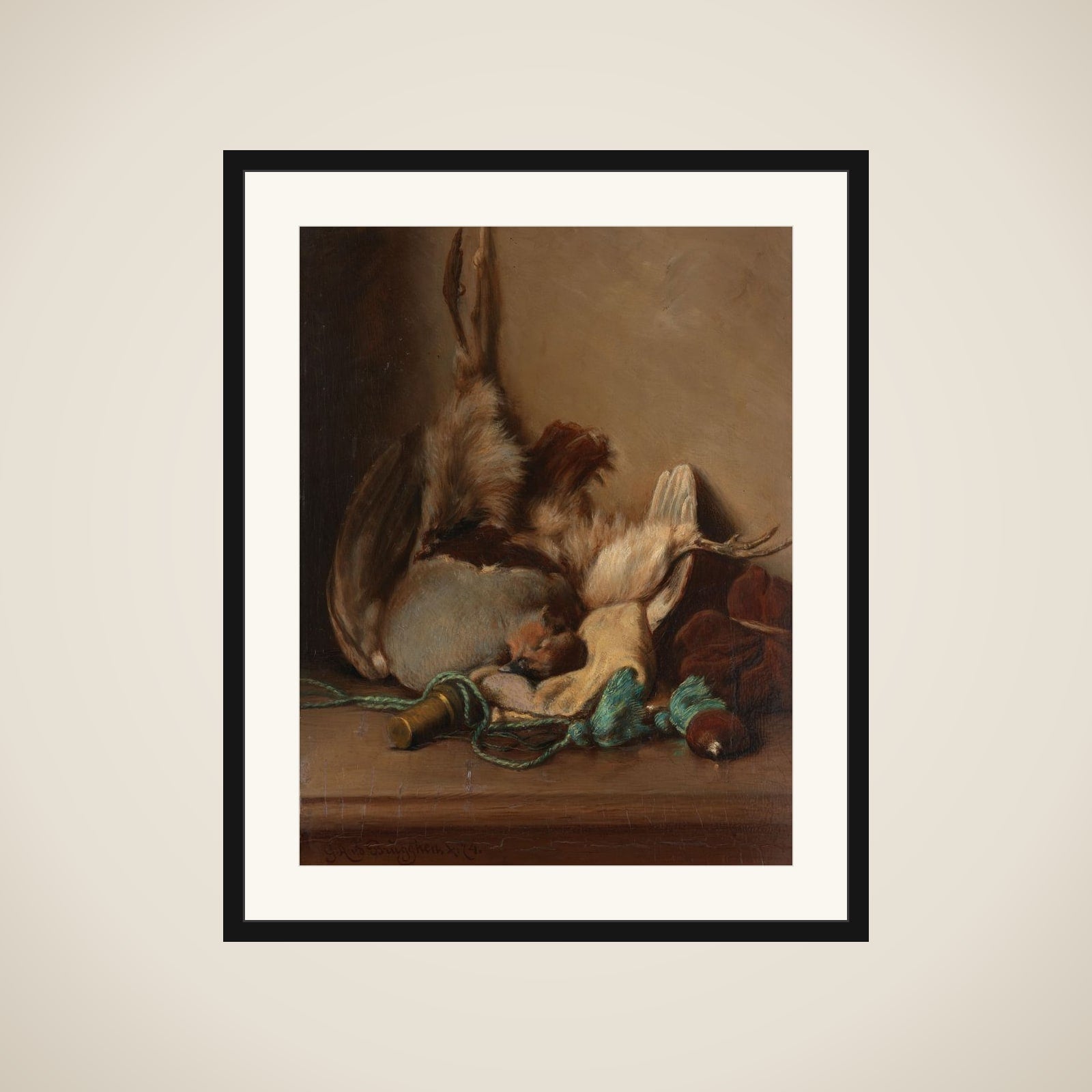 Still life with Wood Pigeon and Powder Horn framed
