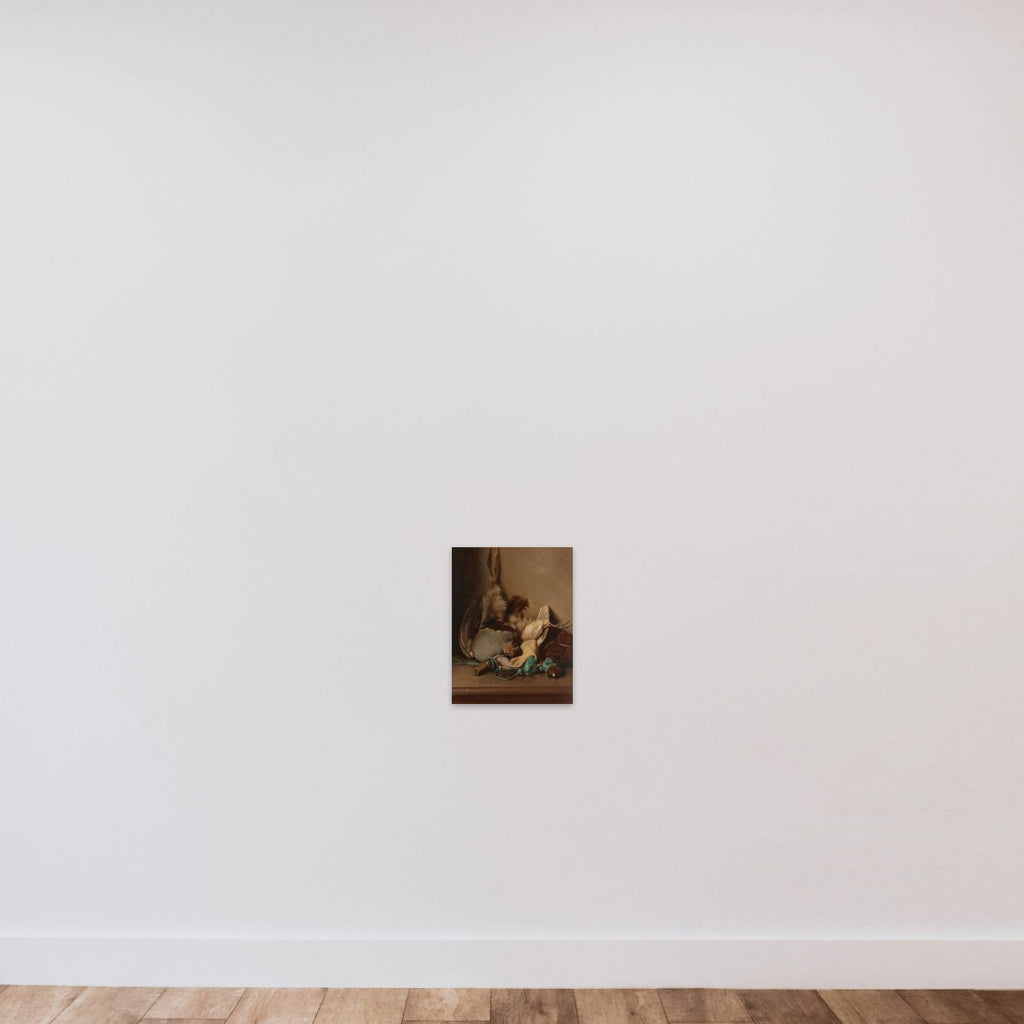 Still life with Wood Pigeon and Powder Horn unframed — shown to scale
