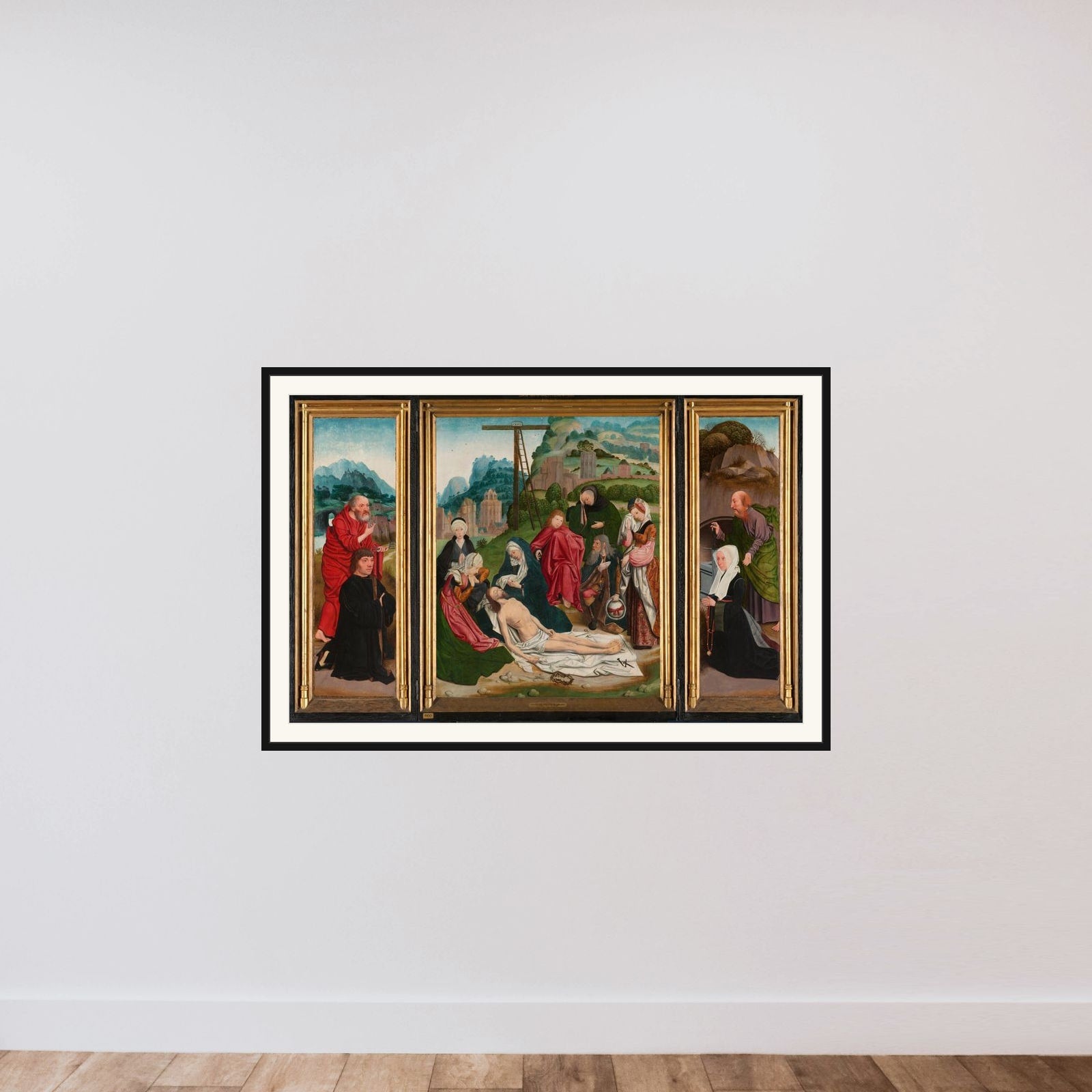 Triptych with the Lamentation framed — shown to scale