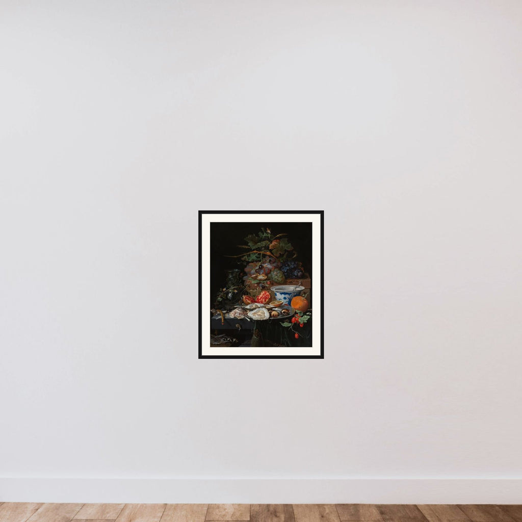 Still Life with Fruit, Oysters, and a Porcelain Bowl framed — shown to scale