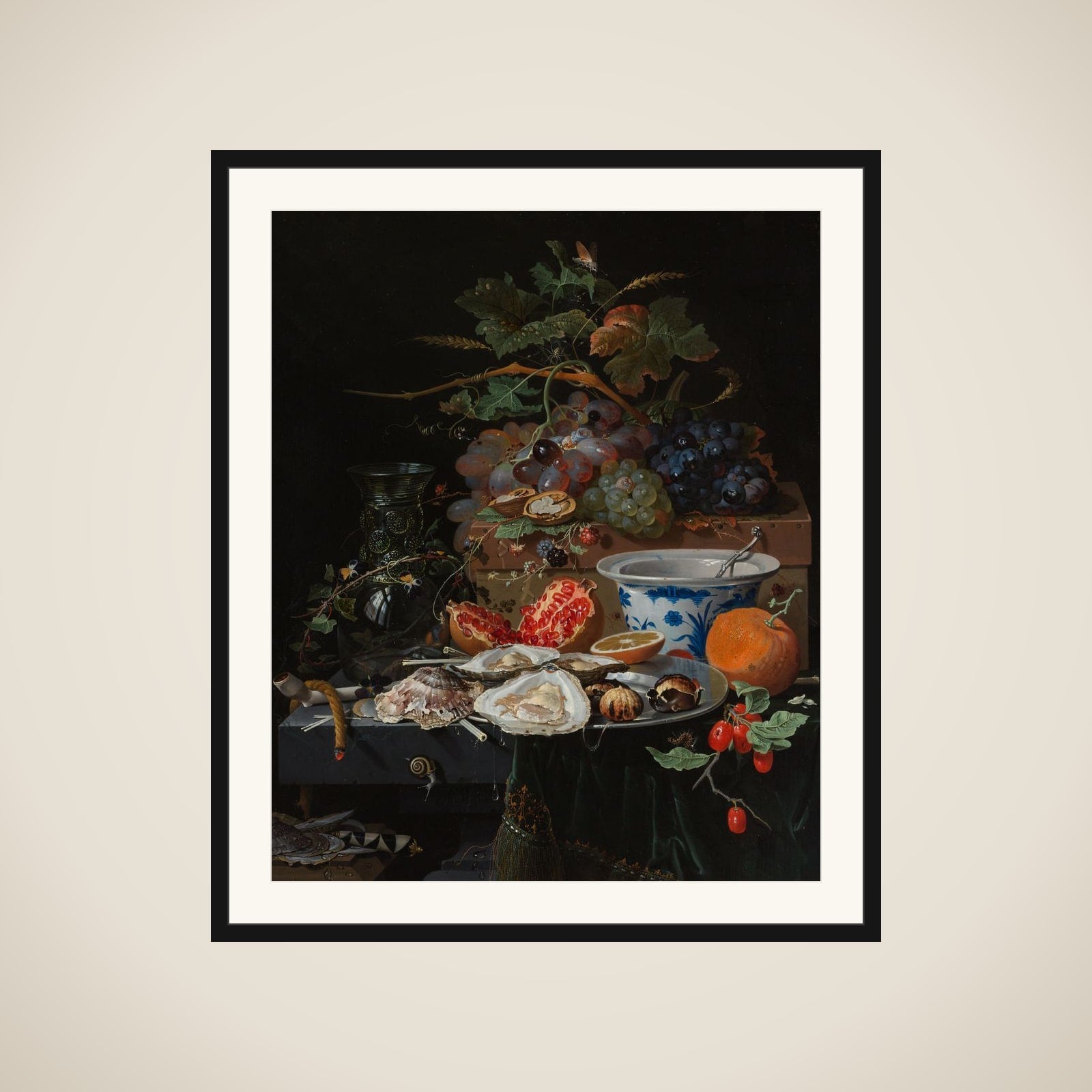 Still Life with Fruit, Oysters, and a Porcelain Bowl framed