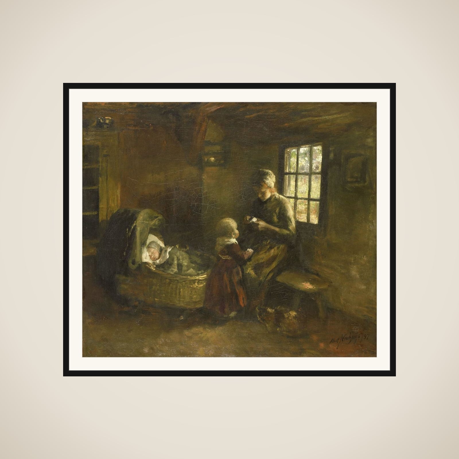 'Bij de wieg' framed