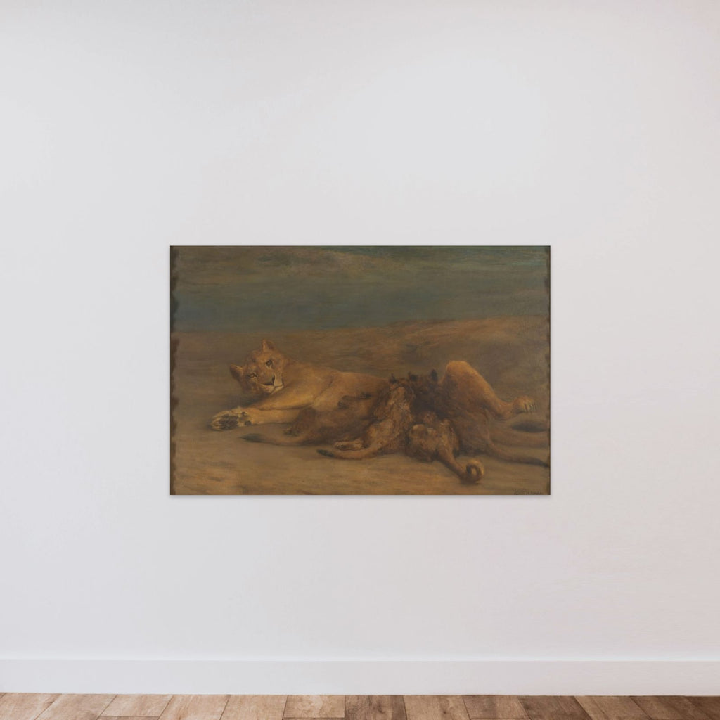 Een leeuwin met vier zogende welpen, genaamd 'Moederliefde' unframed — shown to scale