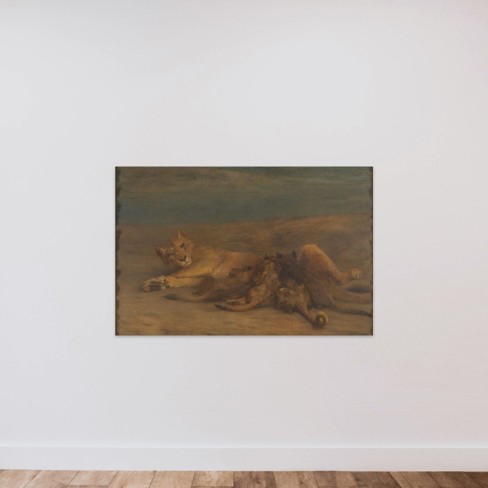 Een leeuwin met vier zogende welpen, genaamd 'Moederliefde' unframed — shown to scale