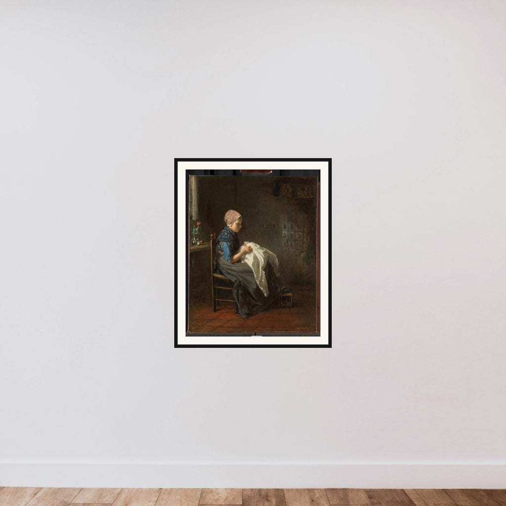'The Little Seamstress' framed — shown to scale