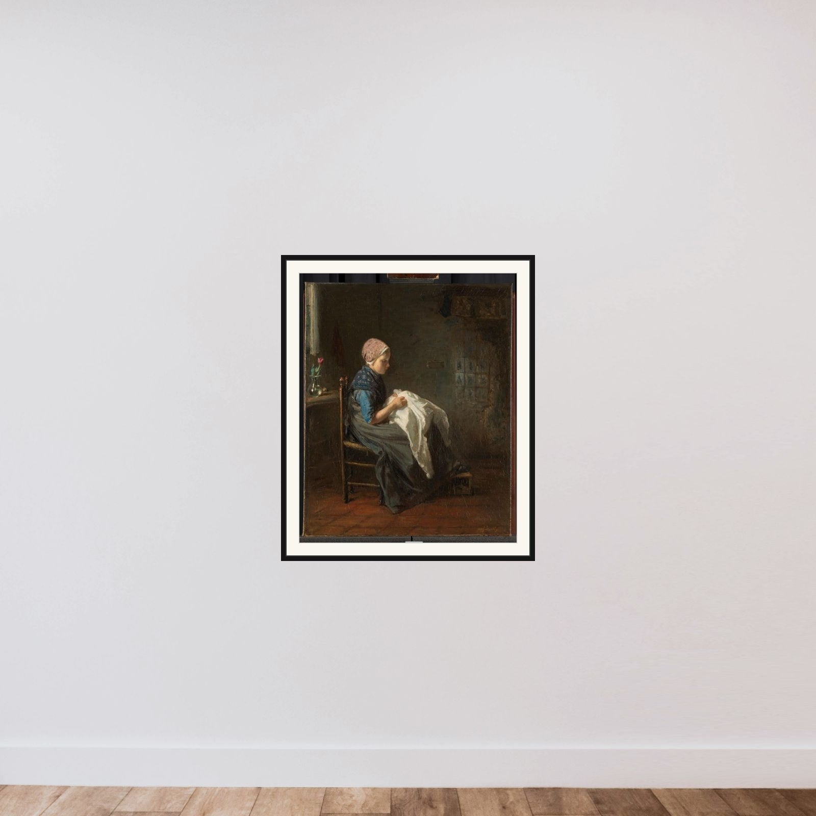 'The Little Seamstress' framed — shown to scale