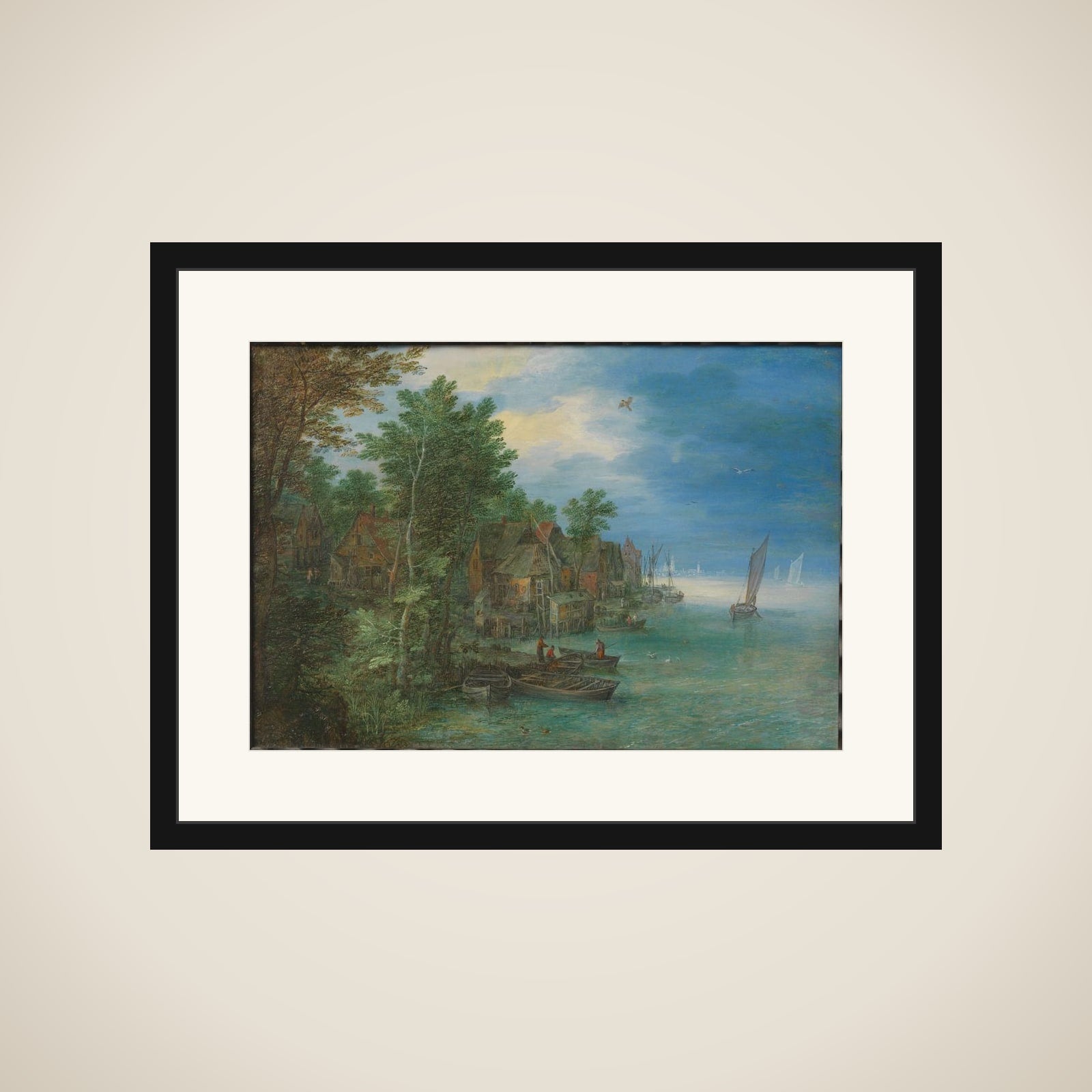 View of a Village along a River framed