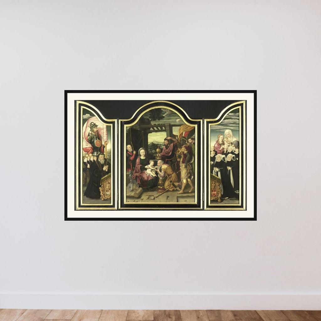 Triptych with the Adoration of the Magi framed — shown to scale