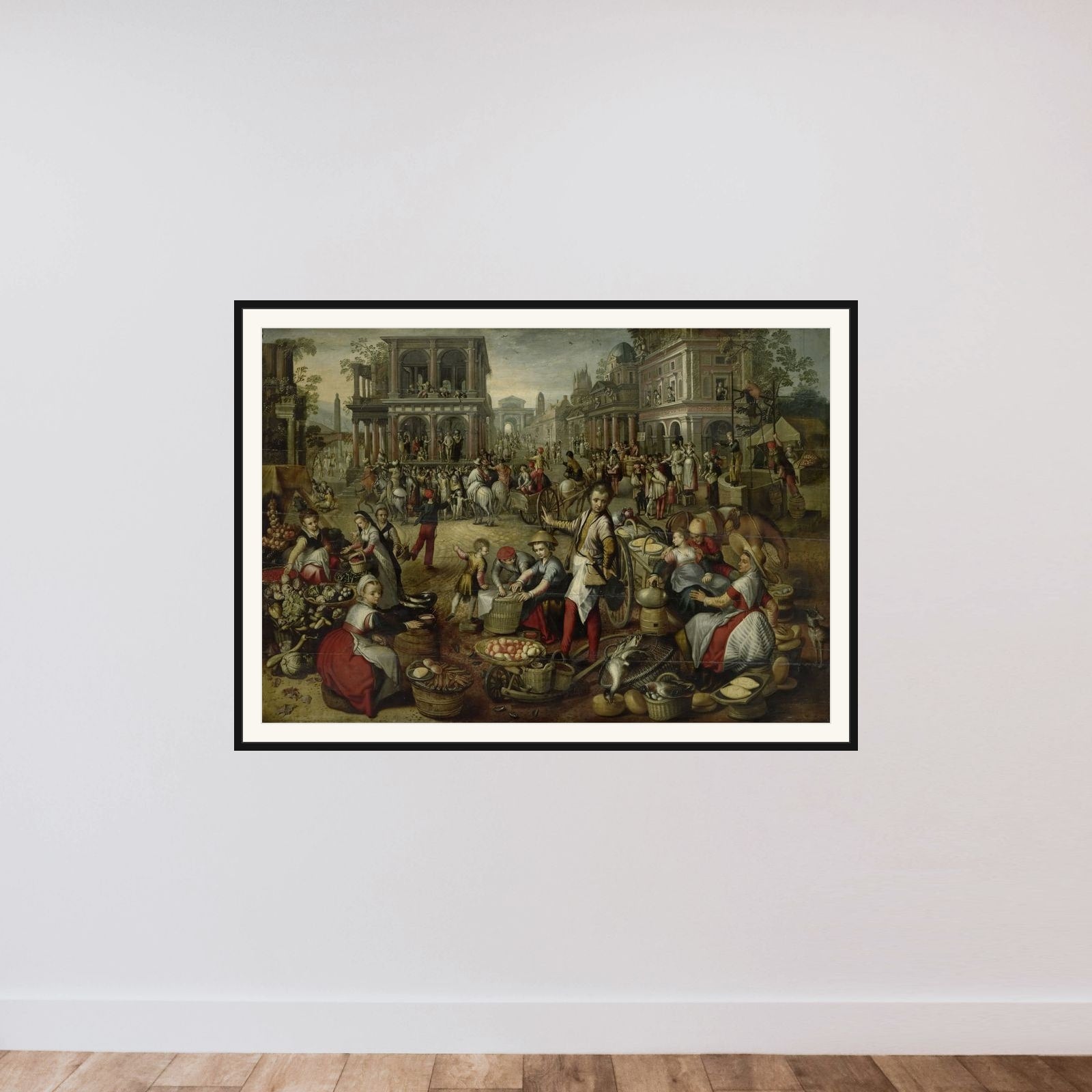Marketplace, with the Flagellation, the Ecce Homo and the Bearing of the Cross in the background framed — shown to scale