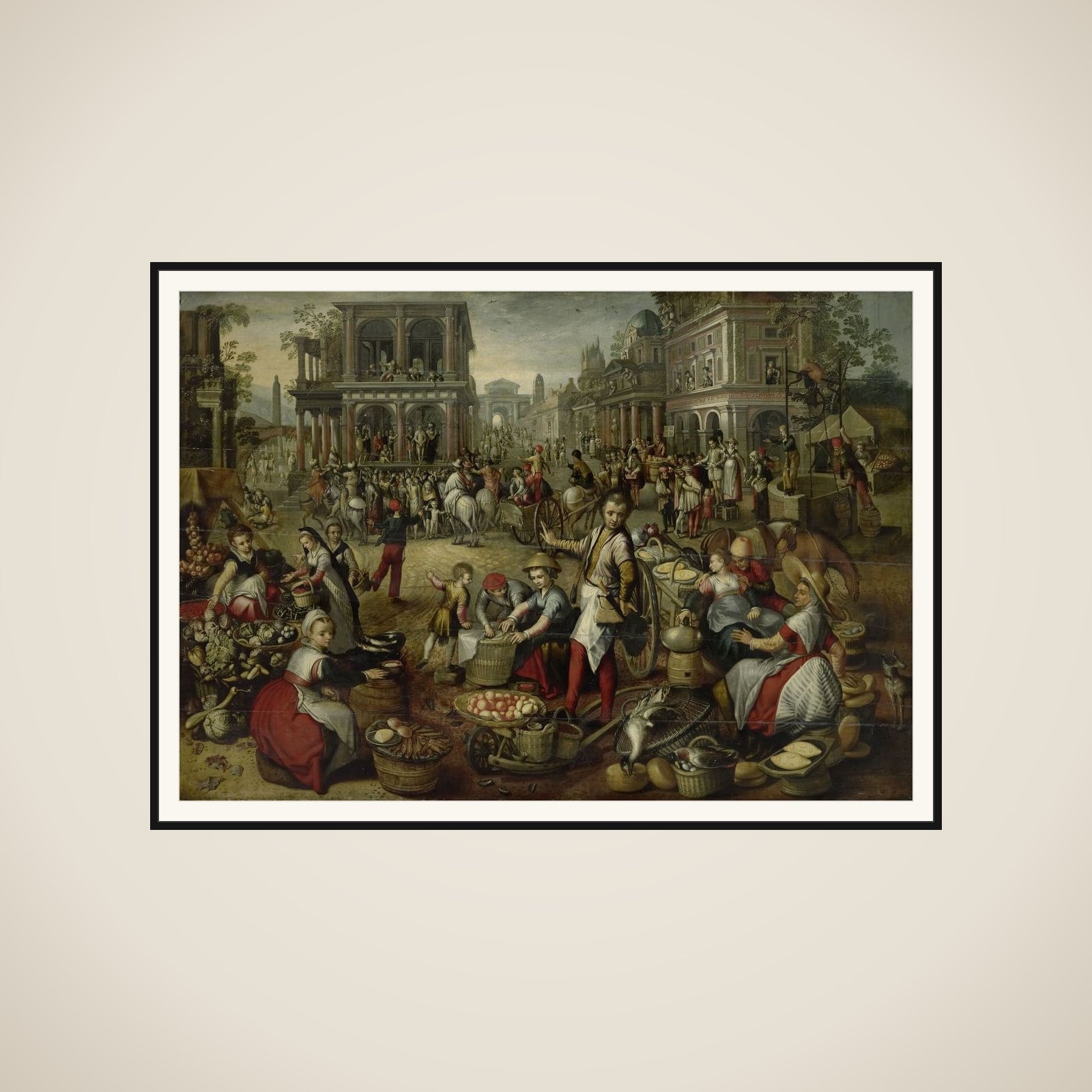 Marketplace, with the Flagellation, the Ecce Homo and the Bearing of the Cross in the background framed