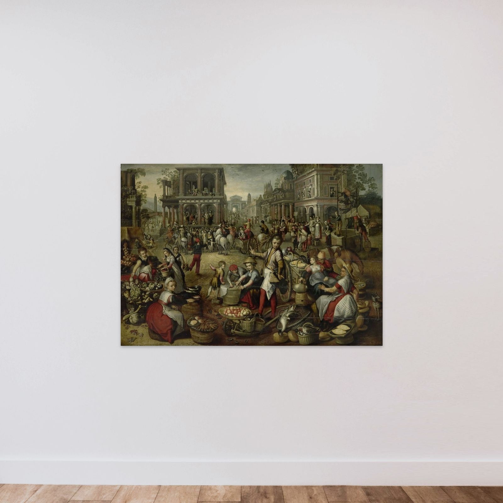 Marketplace, with the Flagellation, the Ecce Homo and the Bearing of the Cross in the background unframed — shown to scale