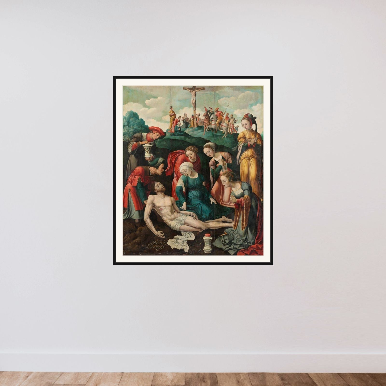 The Lamentation of Christ framed — shown to scale
