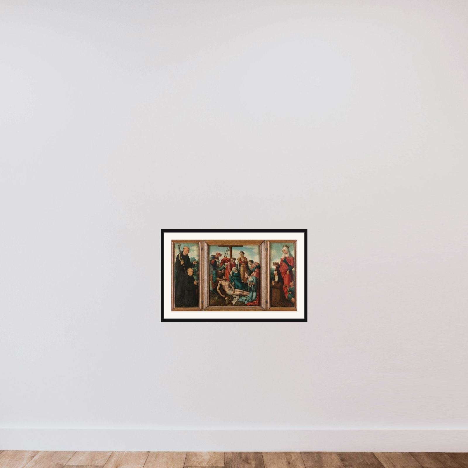Triptych with the Lamentation of Christ (center), flanked by the male Donor with Saint Benedict (left, inner wing) and female Donor with Saint Elizabeth of Thuringia (right, inner wing) framed — shown to scale