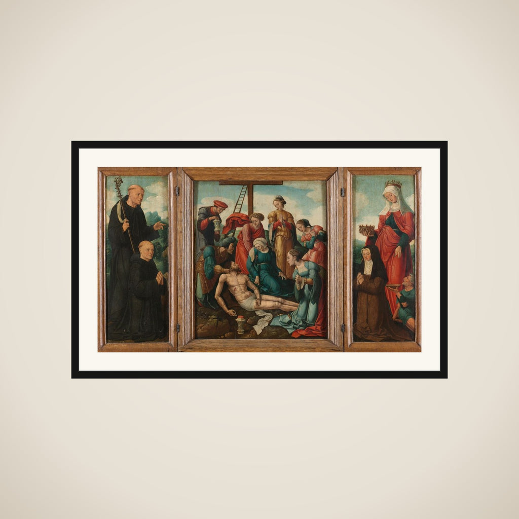 Triptych with the Lamentation of Christ (center), flanked by the male Donor with Saint Benedict (left, inner wing) and female Donor with Saint Elizabeth of Thuringia (right, inner wing) framed