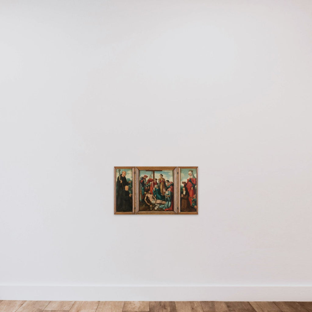 Triptych with the Lamentation of Christ (center), flanked by the male Donor with Saint Benedict (left, inner wing) and female Donor with Saint Elizabeth of Thuringia (right, inner wing) unframed — shown to scale