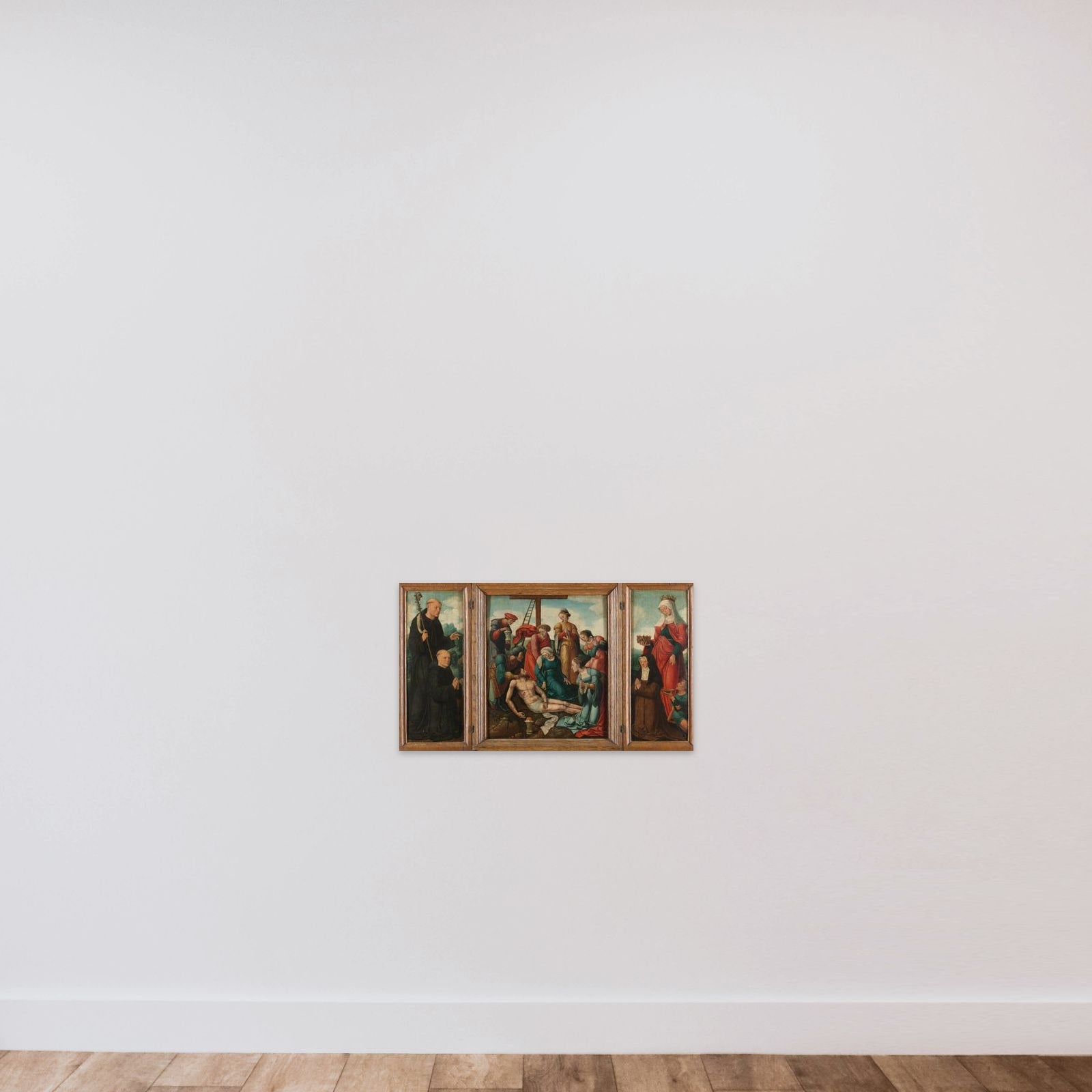 Triptych with the Lamentation of Christ (center), flanked by the male Donor with Saint Benedict (left, inner wing) and female Donor with Saint Elizabeth of Thuringia (right, inner wing) unframed — shown to scale