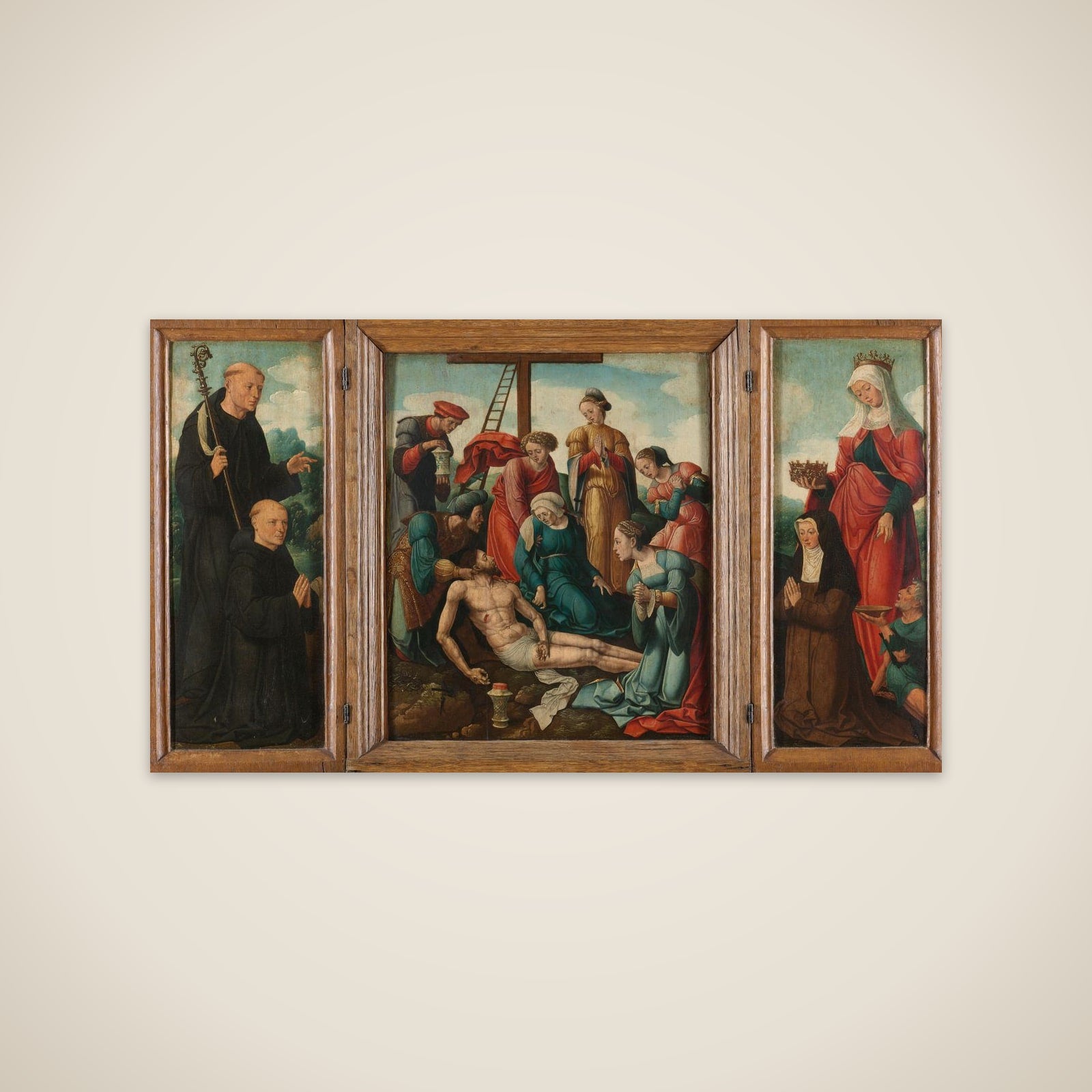 Triptych with the Lamentation of Christ (center), flanked by the male Donor with Saint Benedict (left, inner wing) and female Donor with Saint Elizabeth of Thuringia (right, inner wing) unframed print