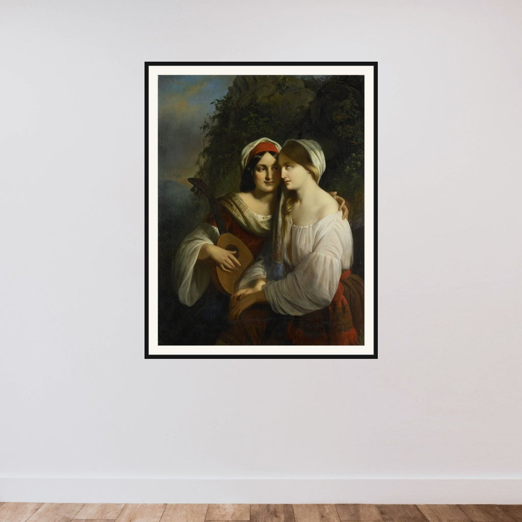 Twee vrouwen in Italiaanse dracht framed — shown to scale