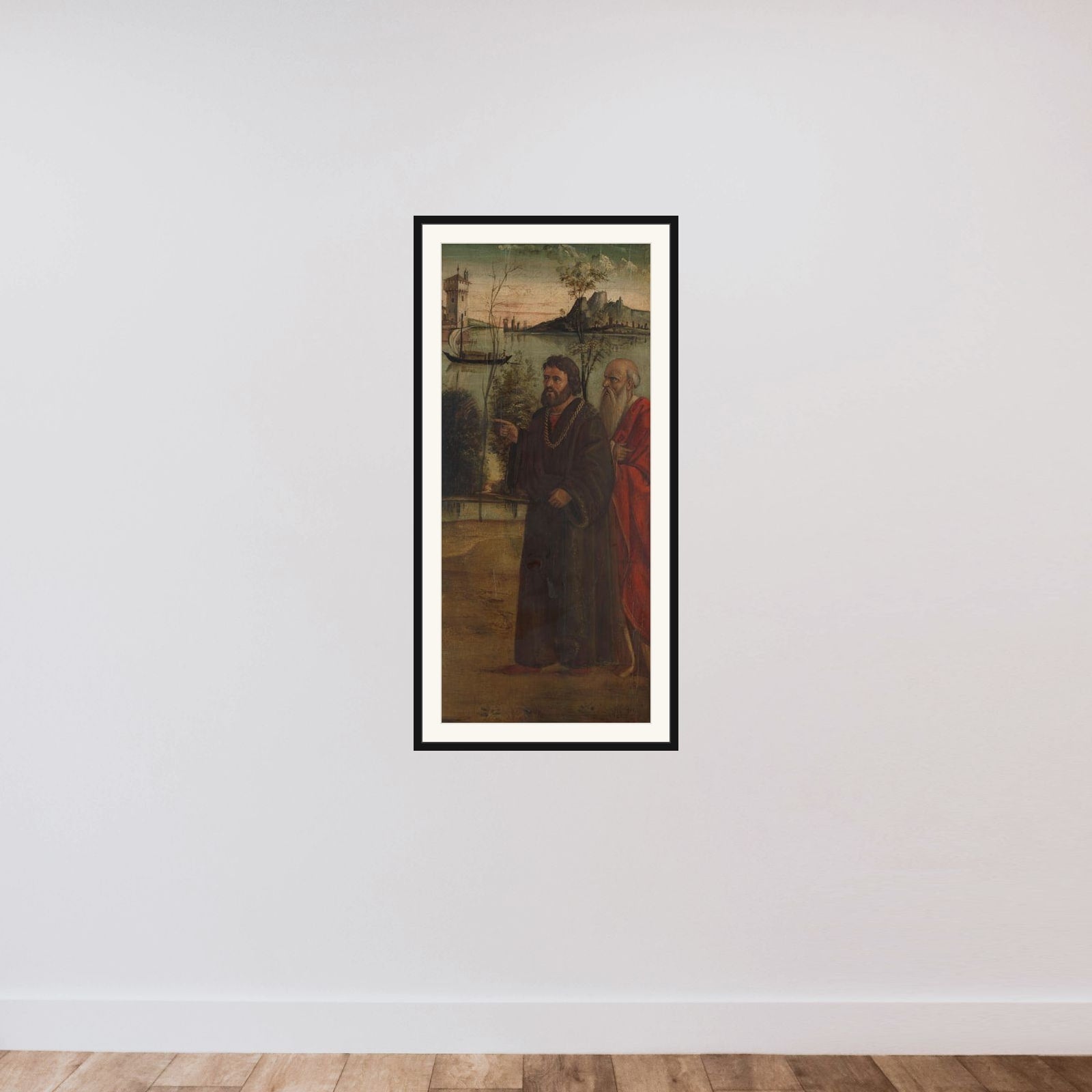 Two Saints (?) in a Landscape framed — shown to scale