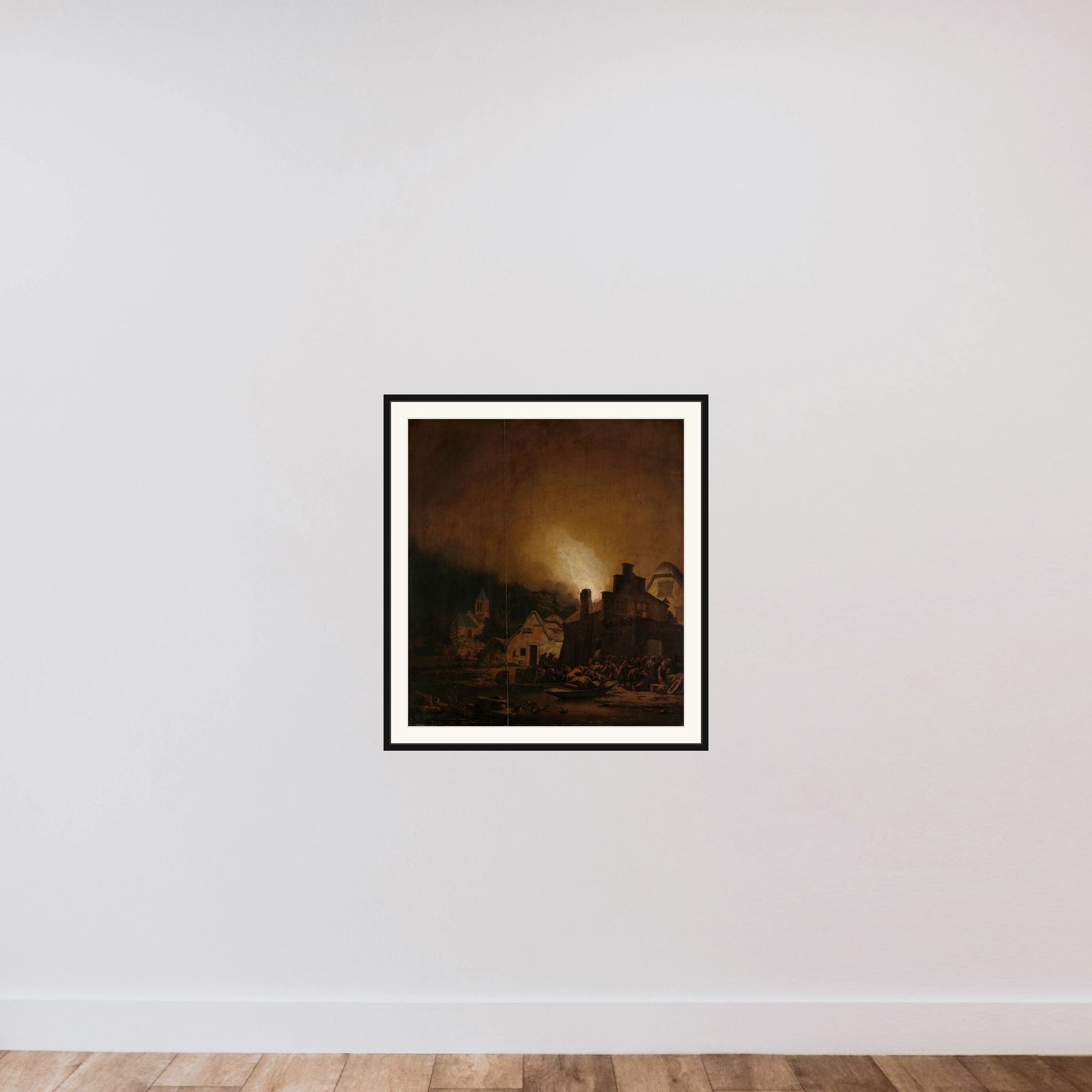 Fire by night in a Village framed — shown to scale