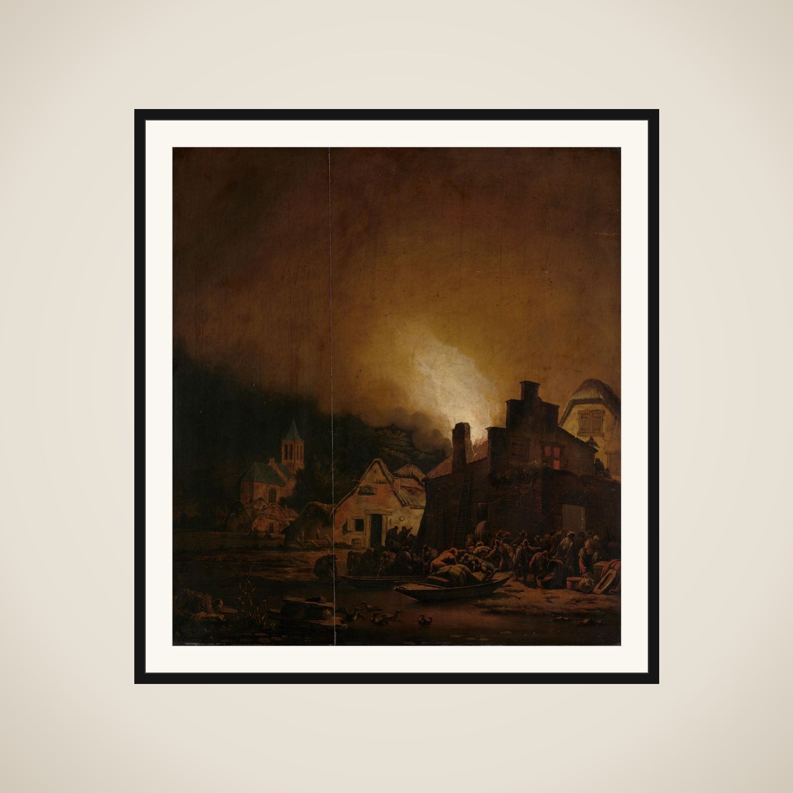 Fire by night in a Village framed