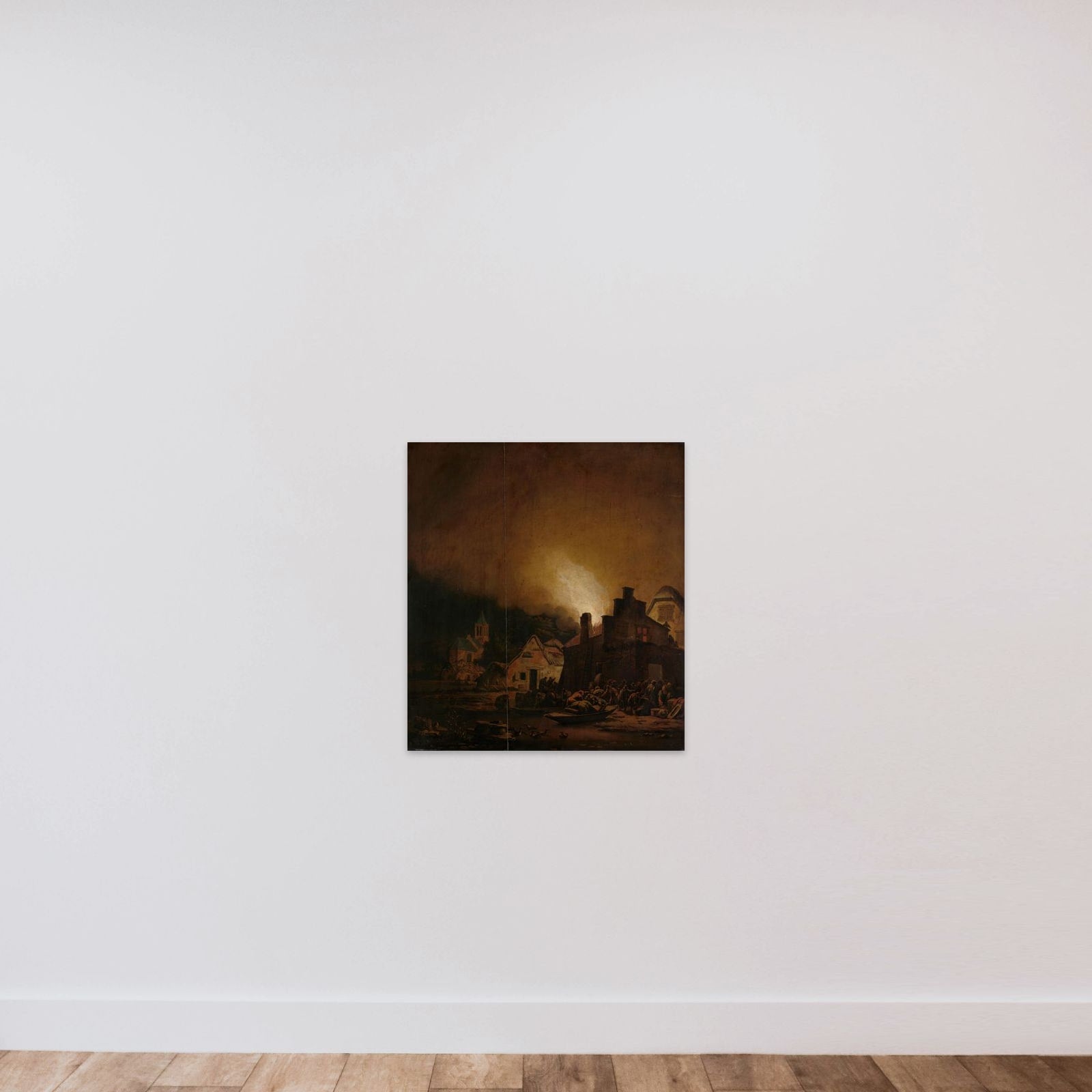 Fire by night in a Village unframed — shown to scale