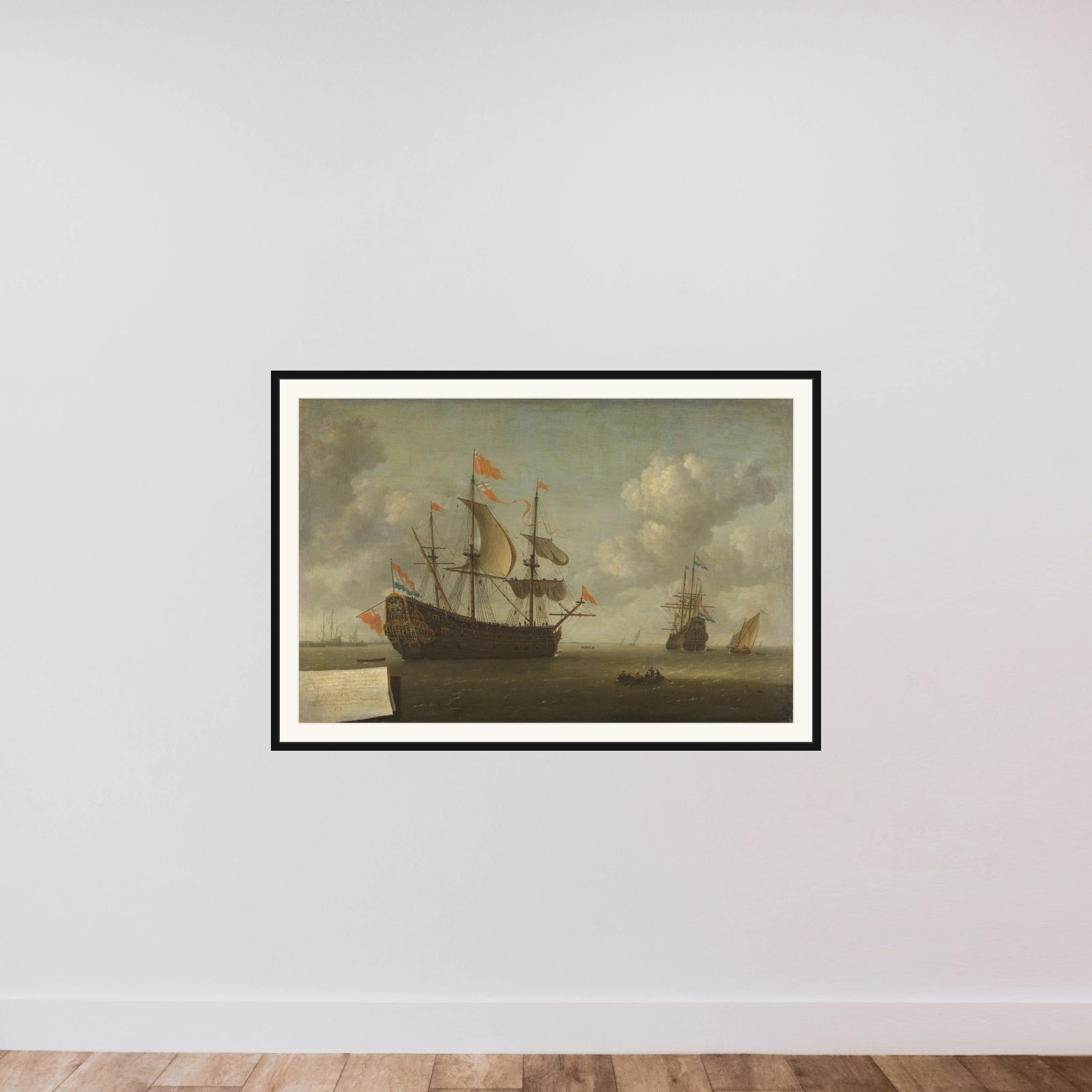 The Arrival of the English Flagship 'Royal Charles' at Hellevoetsluis, Captured during the Dutch Raid on the Medway, June 1667 framed — shown to scale