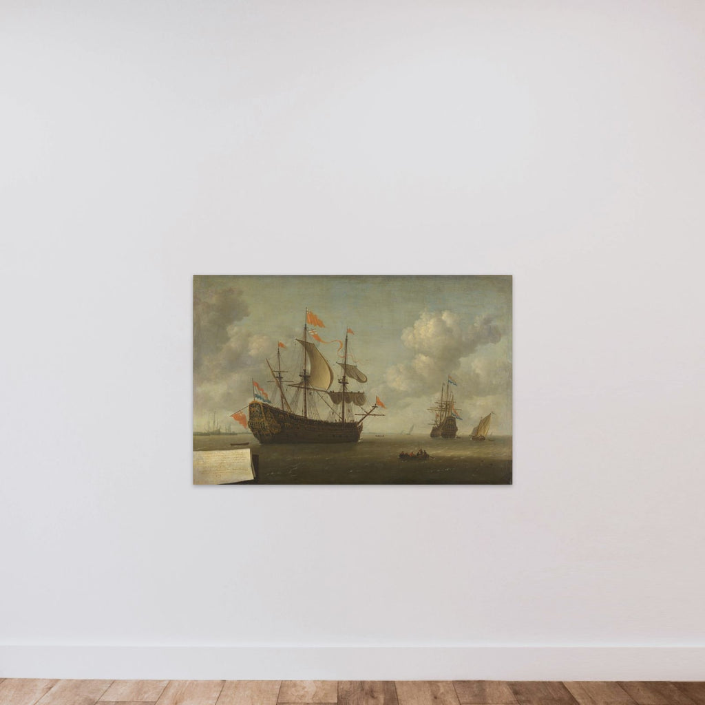 The Arrival of the English Flagship 'Royal Charles' at Hellevoetsluis, Captured during the Dutch Raid on the Medway, June 1667 unframed — shown to scale