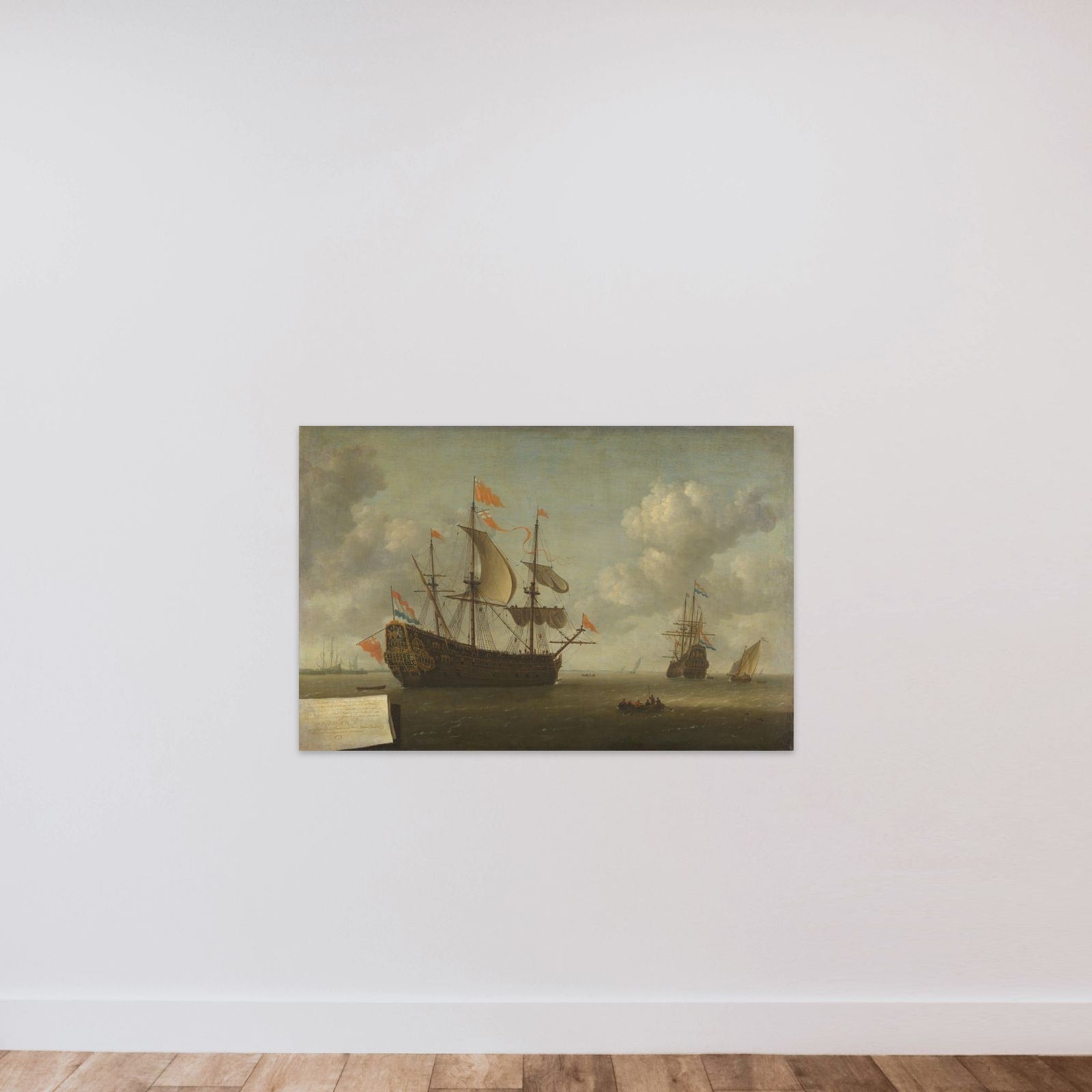 The Arrival of the English Flagship 'Royal Charles' at Hellevoetsluis, Captured during the Dutch Raid on the Medway, June 1667 unframed — shown to scale