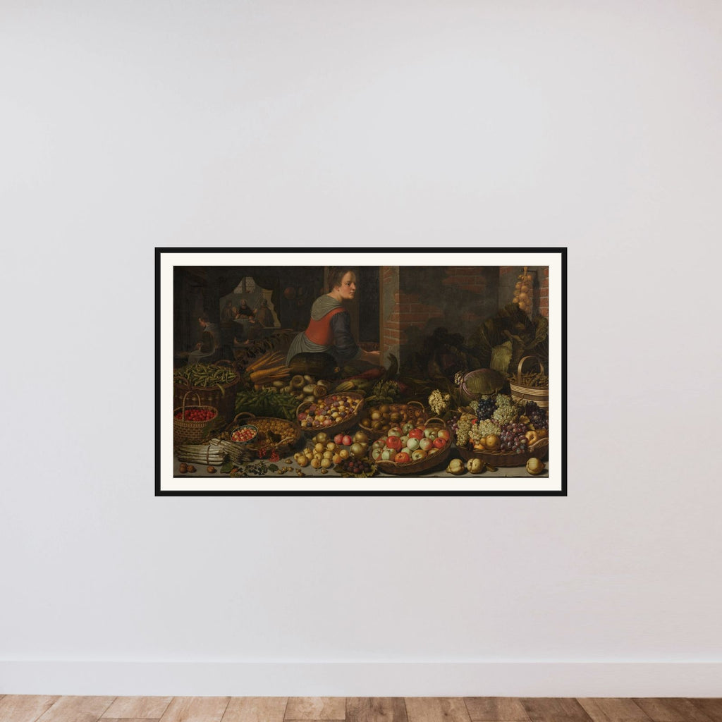 Still Life with Fruit and Vegetables, with Christ at Emmaus in the background framed — shown to scale