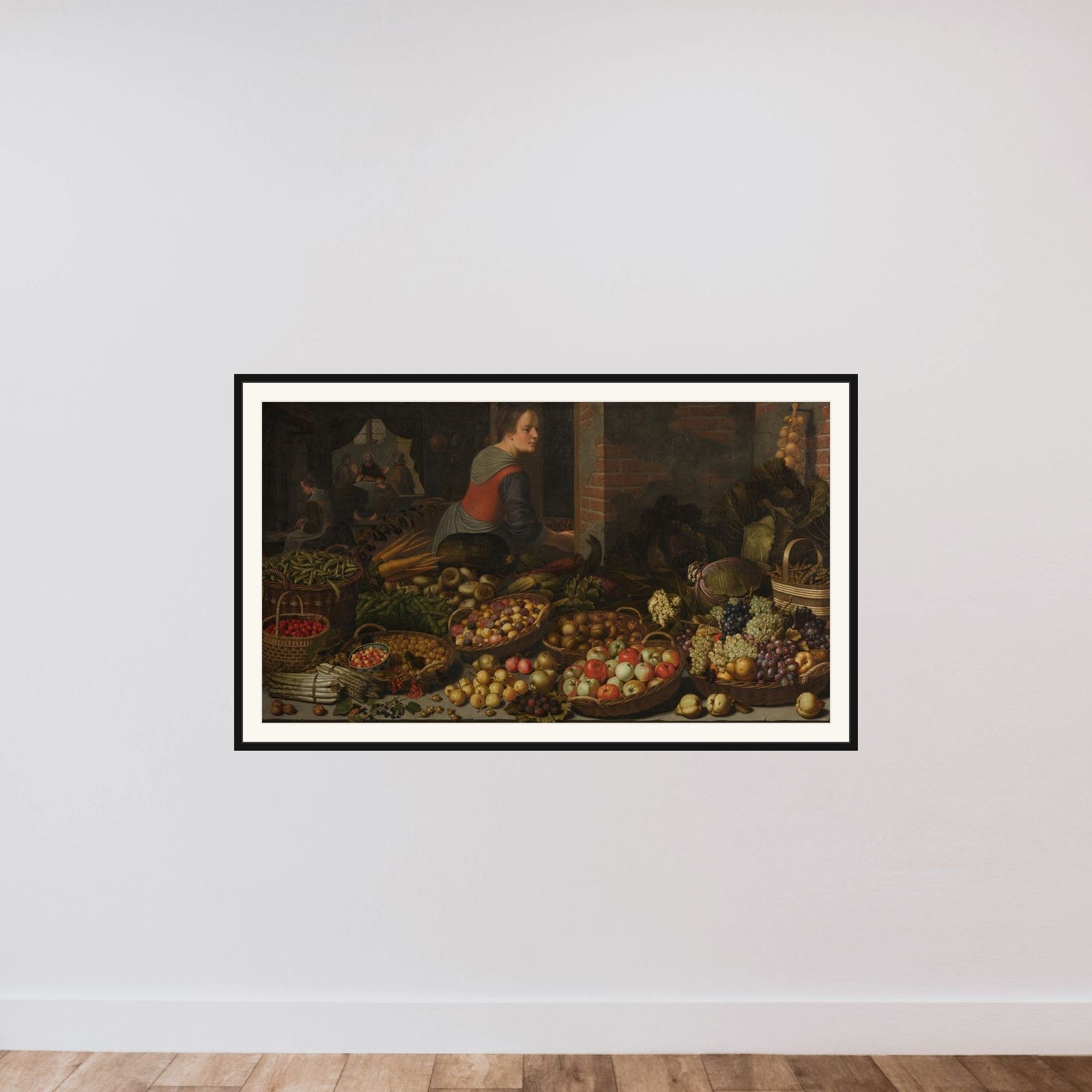 Still Life with Fruit and Vegetables, with Christ at Emmaus in the background framed — shown to scale