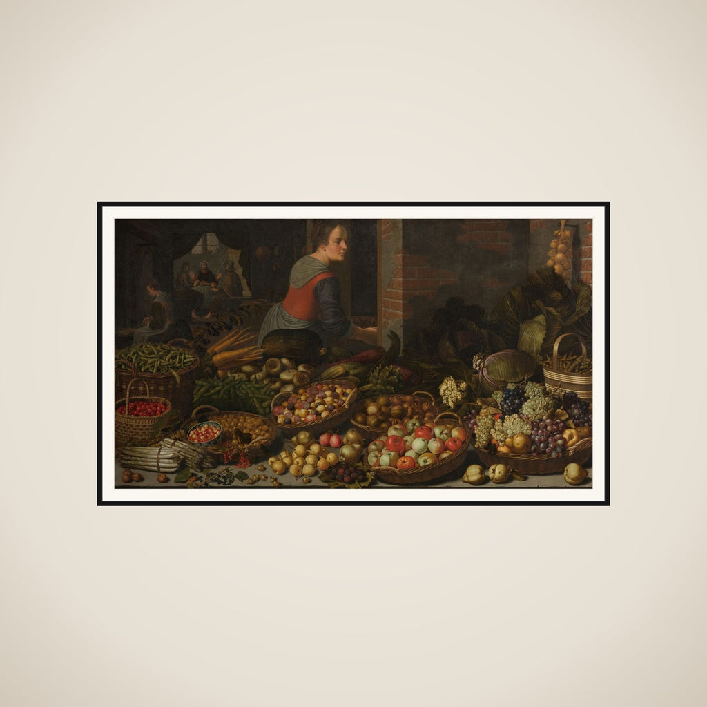 Still Life with Fruit and Vegetables, with Christ at Emmaus in the background framed
