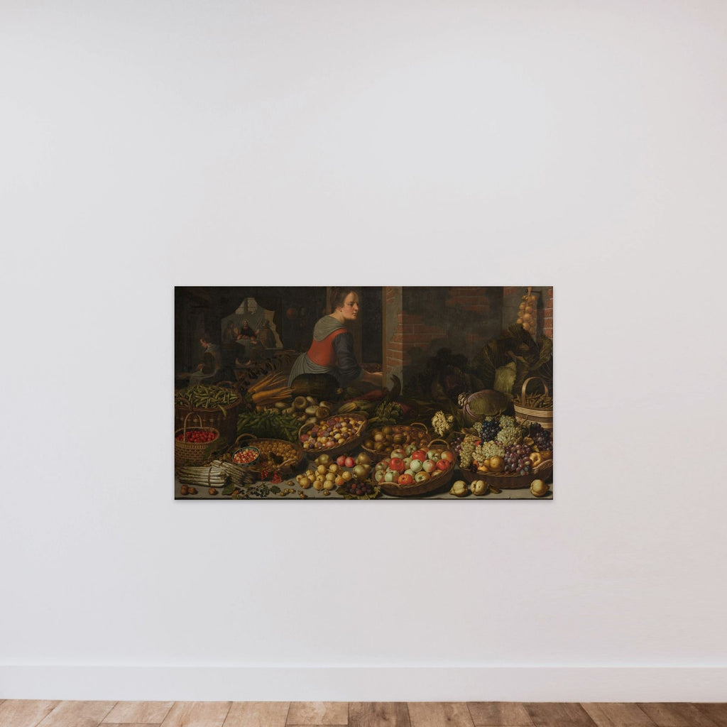 Still Life with Fruit and Vegetables, with Christ at Emmaus in the background unframed — shown to scale