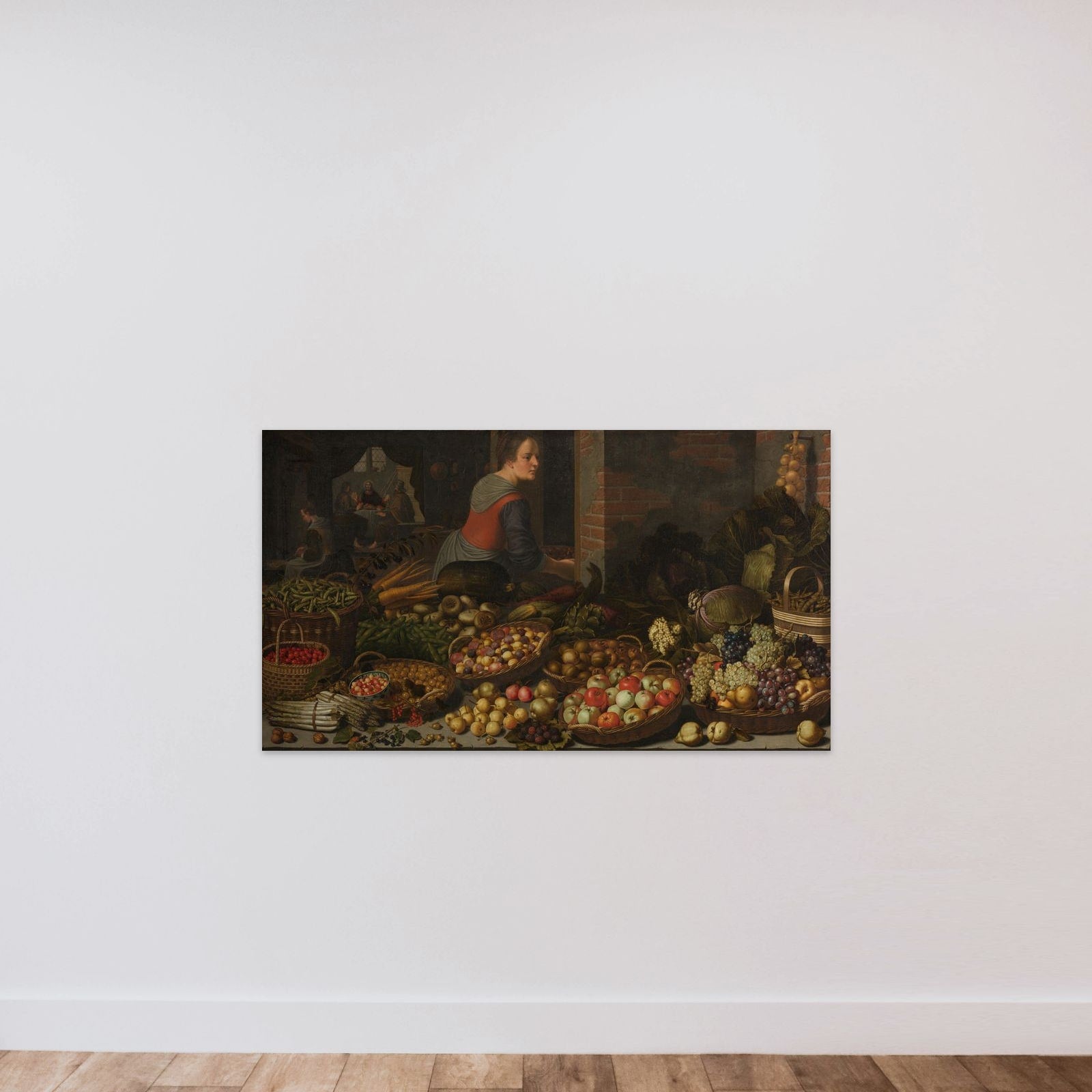 Still Life with Fruit and Vegetables, with Christ at Emmaus in the background unframed — shown to scale