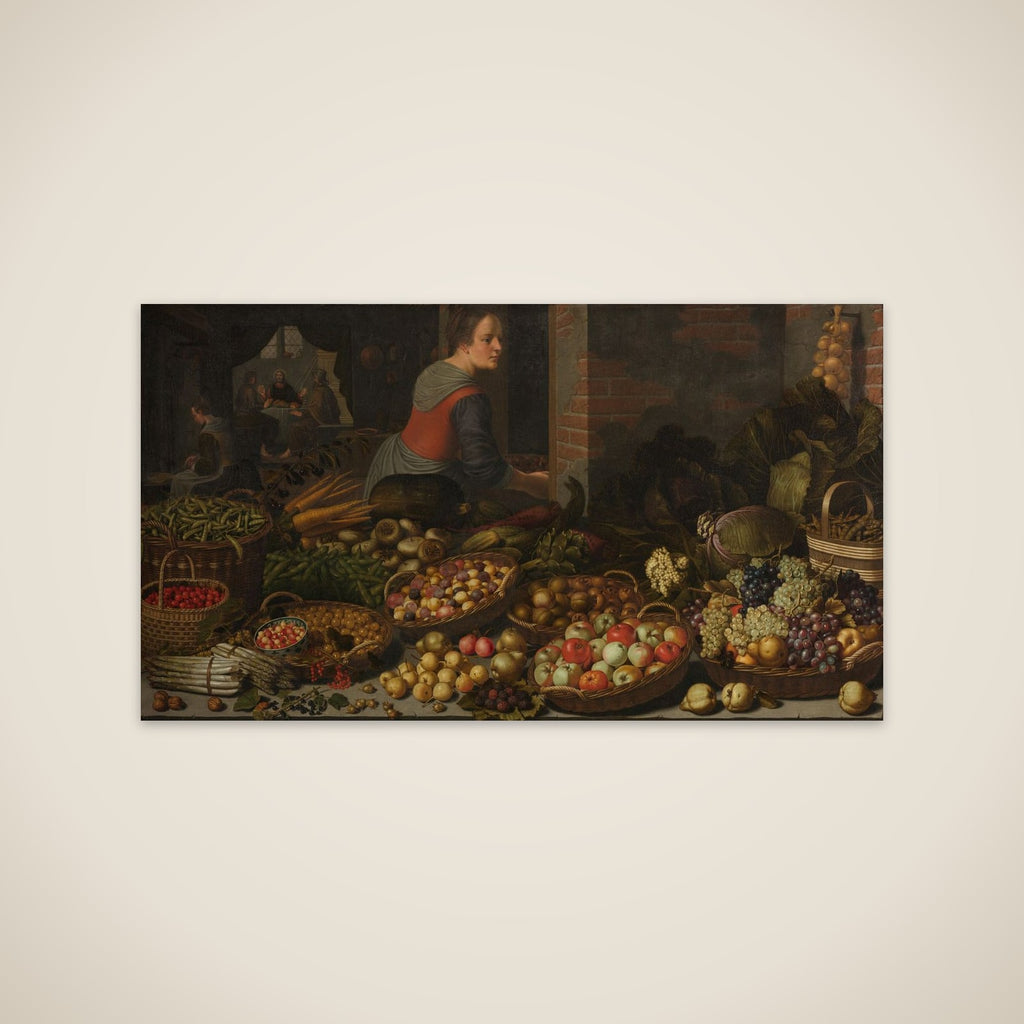 Still Life with Fruit and Vegetables, with Christ at Emmaus in the background unframed print