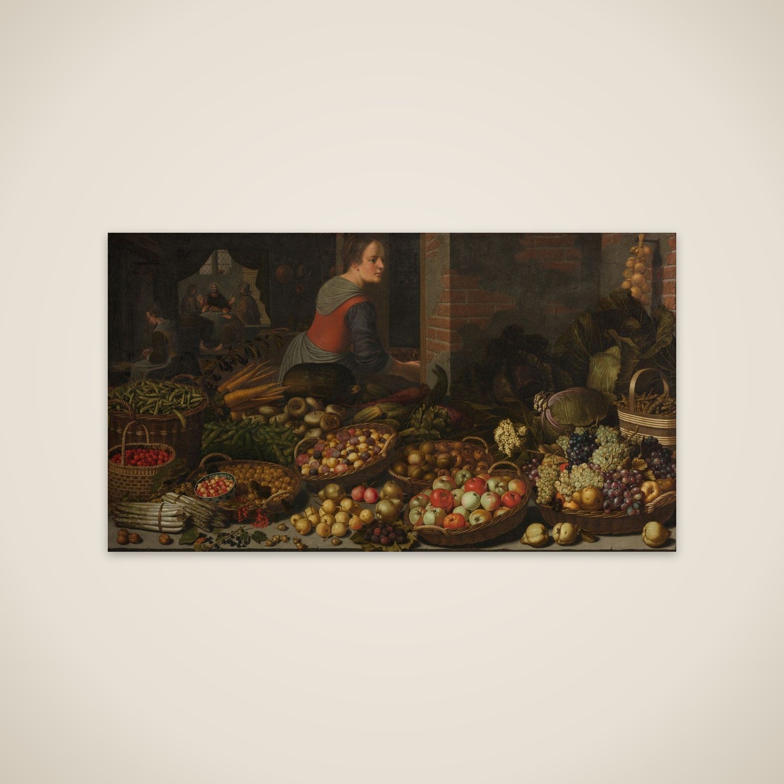Still Life with Fruit and Vegetables, with Christ at Emmaus in the background unframed print