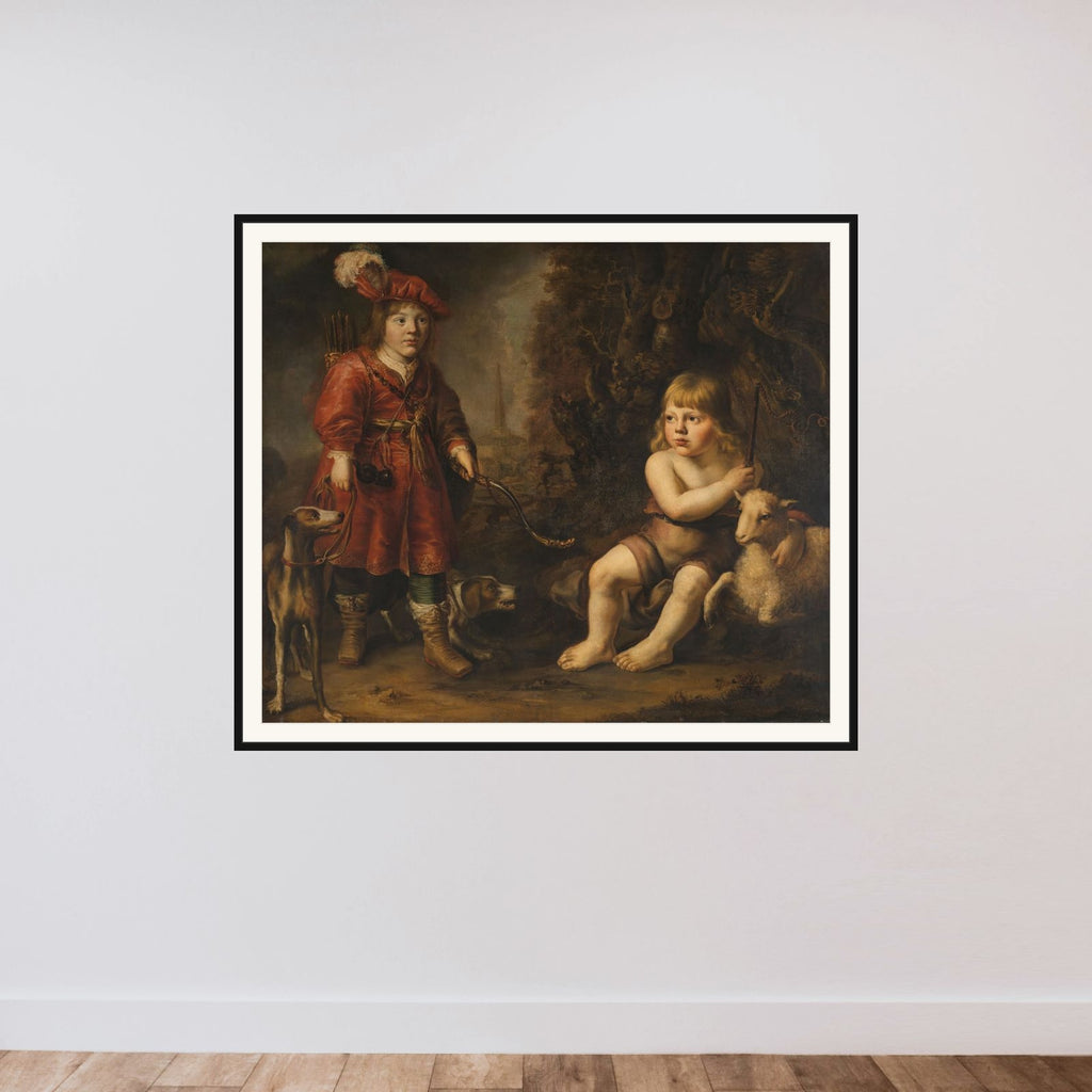 Portraits of two Boys in a Landscape, one dressed as a Hunter, the other St as John the Baptist framed — shown to scale