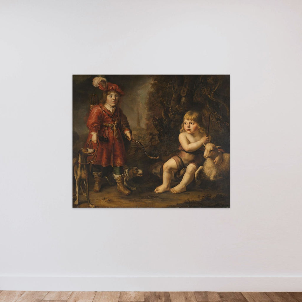 Portraits of two Boys in a Landscape, one dressed as a Hunter, the other St as John the Baptist unframed — shown to scale