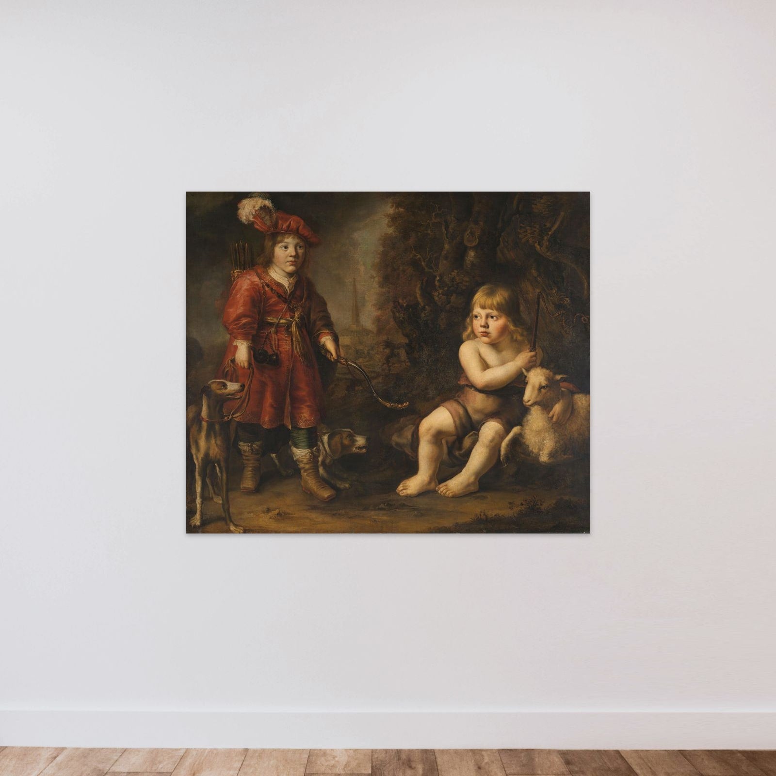 Portraits of two Boys in a Landscape, one dressed as a Hunter, the other St as John the Baptist unframed — shown to scale