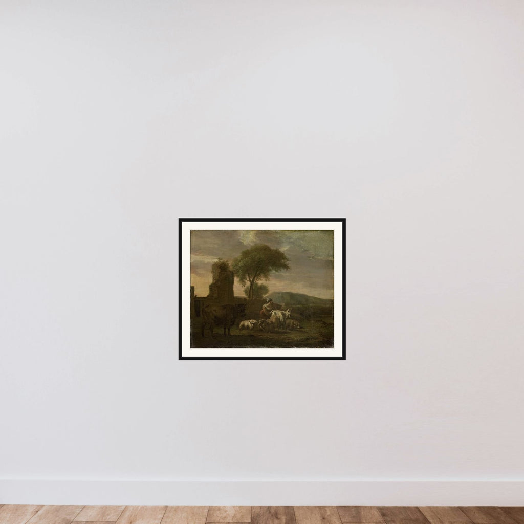 Italian Landscape with Shepherdess and Flocks framed — shown to scale