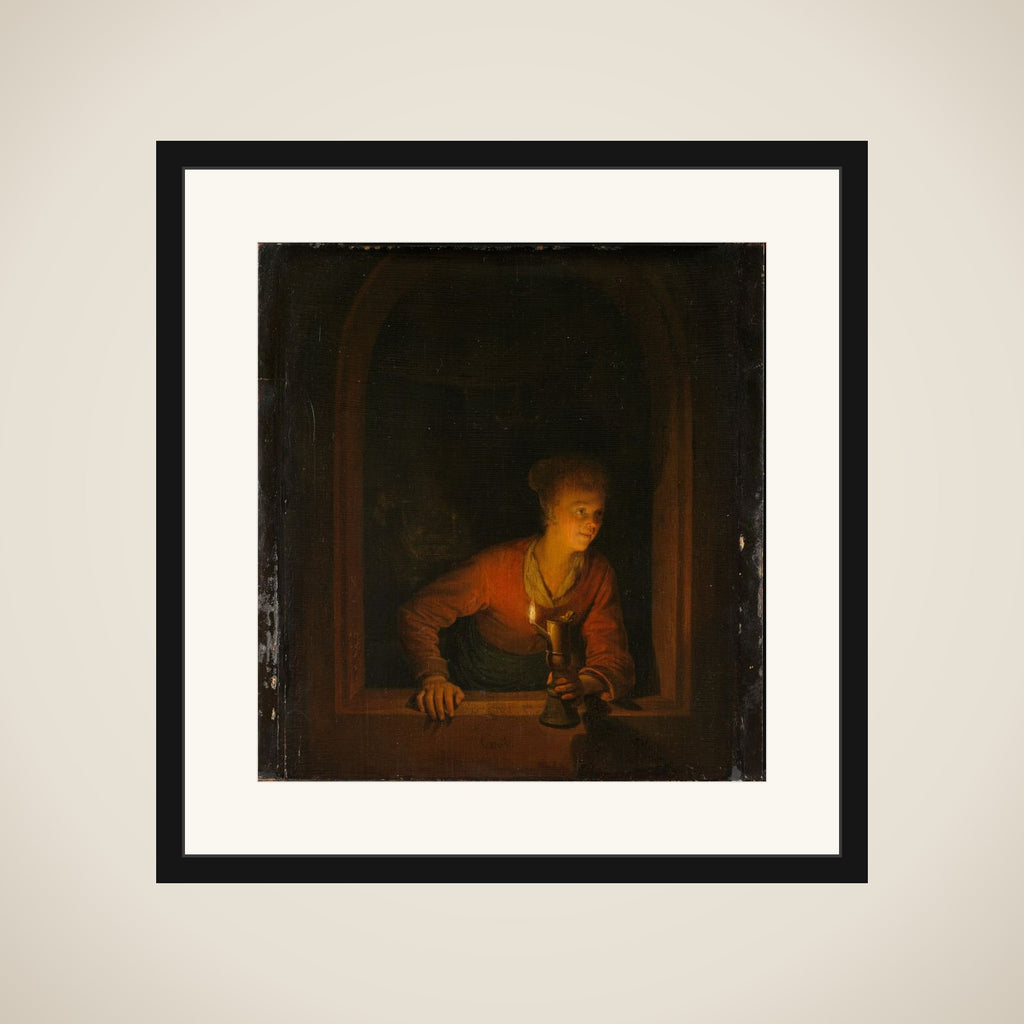 Girl with an Oil Lamp at a Window framed
