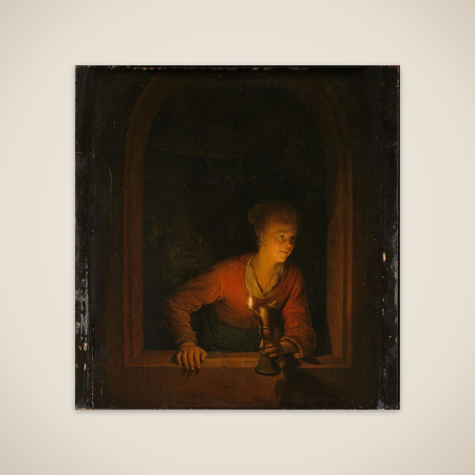 Girl with an Oil Lamp at a Window unframed print