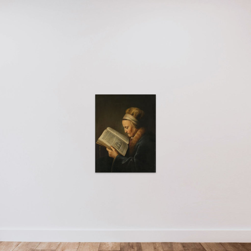 Old Woman reading a Lectionary : the so-called portrait of Rembrandt's mother, Neeltgen Willemsdr van Zuijdtbroeck (d. 1640) unframed — shown to scale