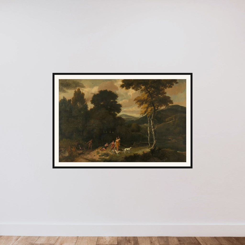 Landscape with Hunters framed — shown to scale