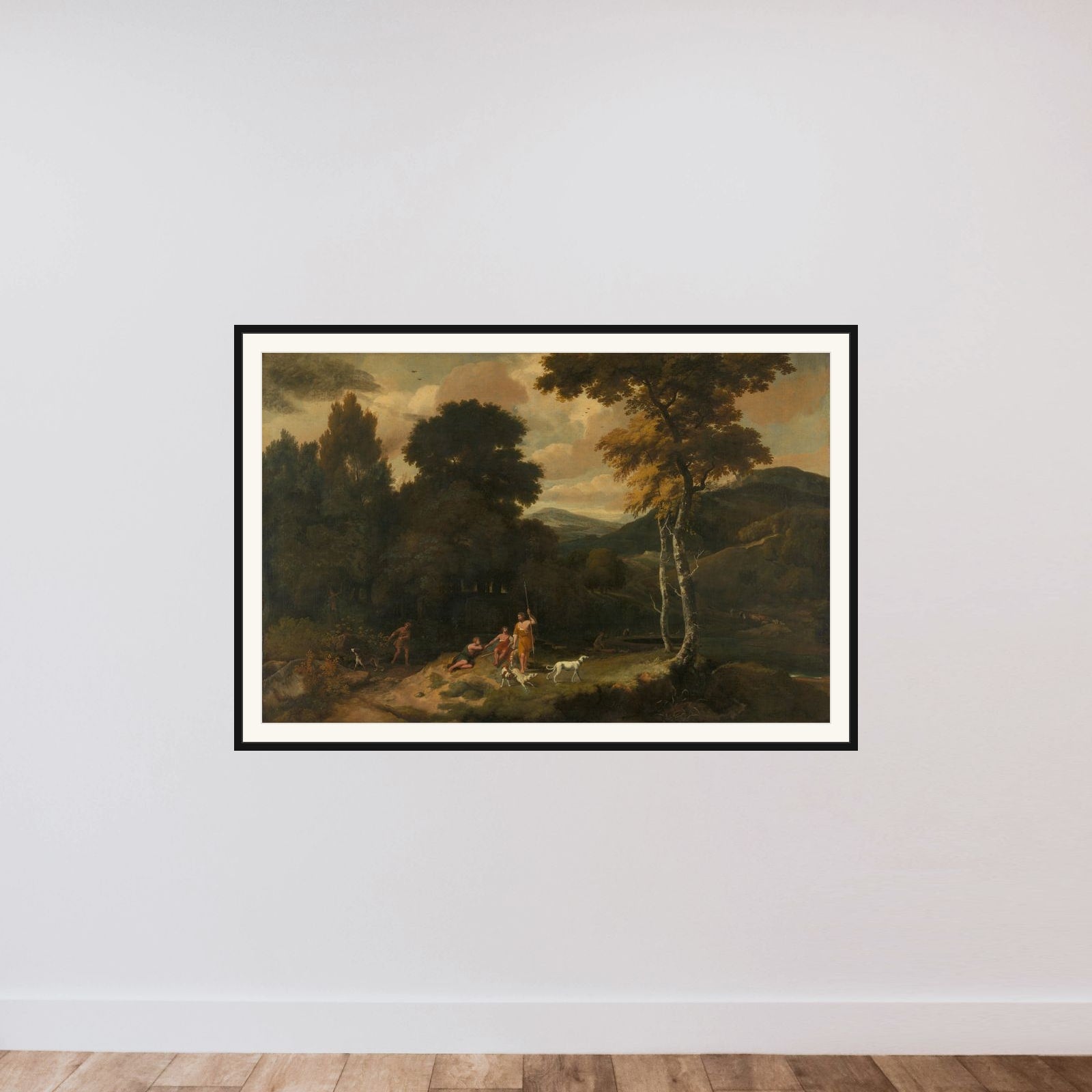 Landscape with Hunters framed — shown to scale