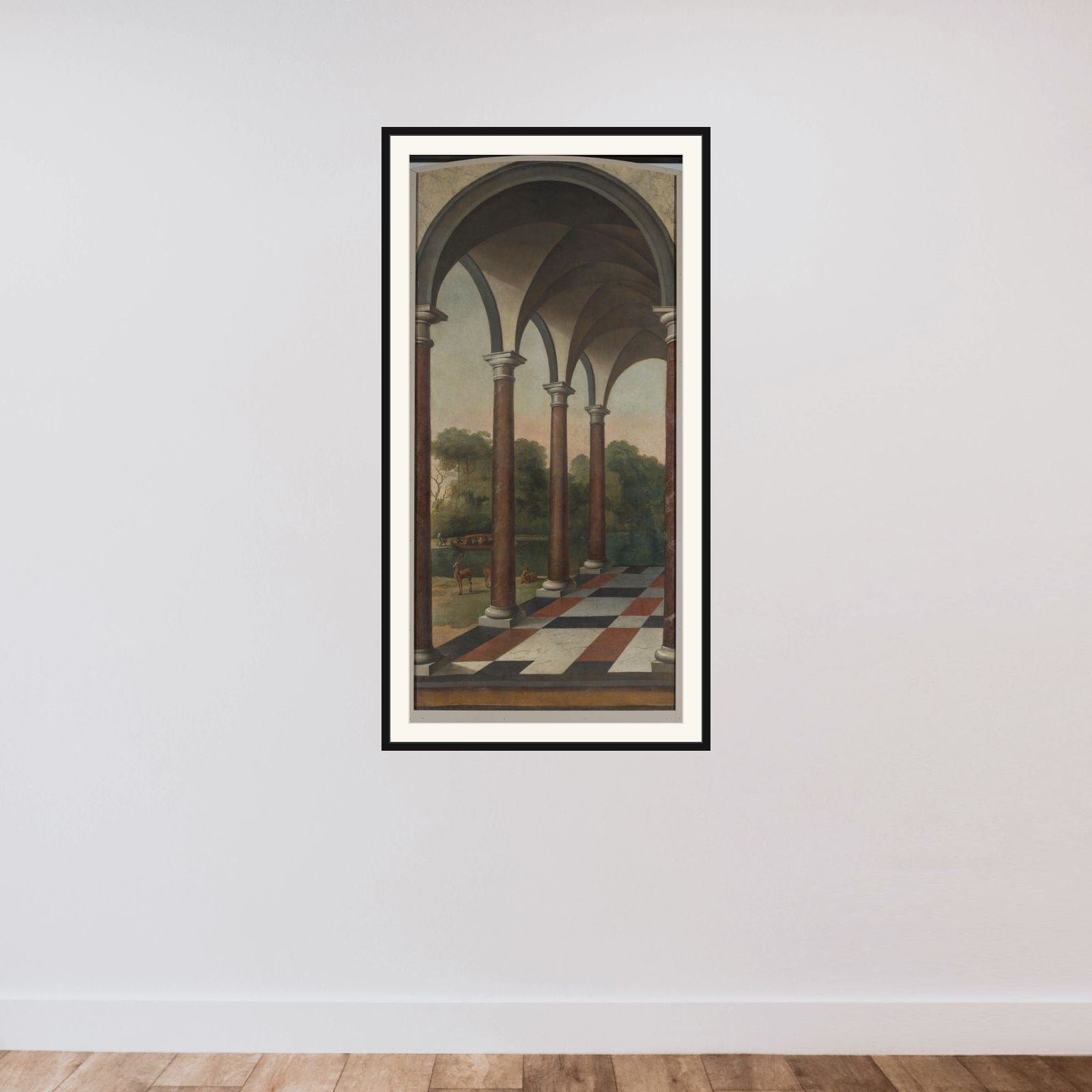 Colonnade giving onto a Park framed — shown to scale
